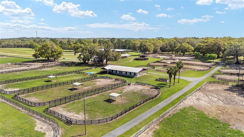 This aerial shot showcases a sprawling equestrian estate with multiple fenced paddocks, a central stable building, and a well-maintained driveway. Lush green pastures surround the property, complemented by mature trees and a clear blue sky, creating a picturesque and serene setting. The layout emphasizes functionality and space for equestrian activities.
