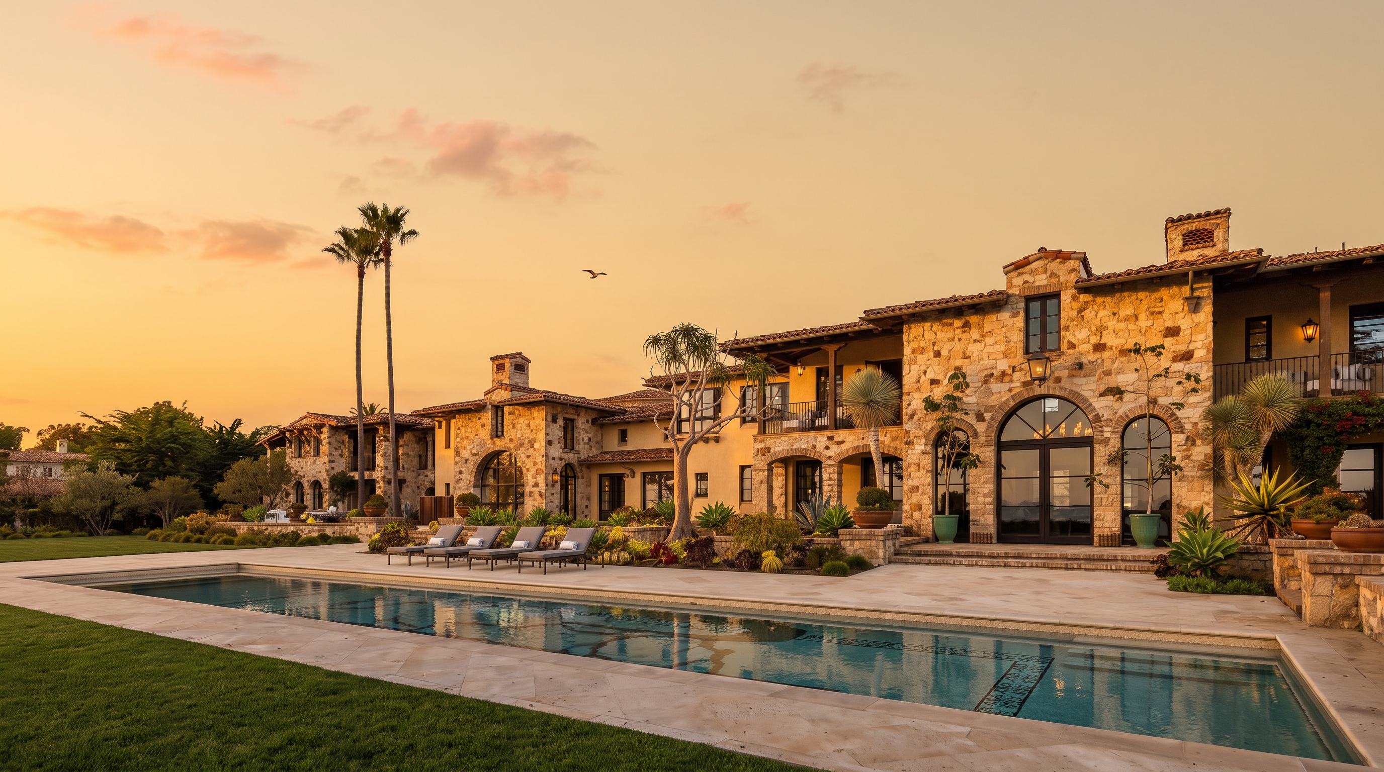 This expansive Mediterranean-style estate features a large, rectangular swimming pool set against a backdrop of stone-clad architecture. The home showcases multiple levels, arched doorways, and a warm, textured facade, complemented by lush landscaping and tall palm trees. The scene is captured from a low-angle perspective, emphasizing the grand scale of the residence and the inviting outdoor living space.