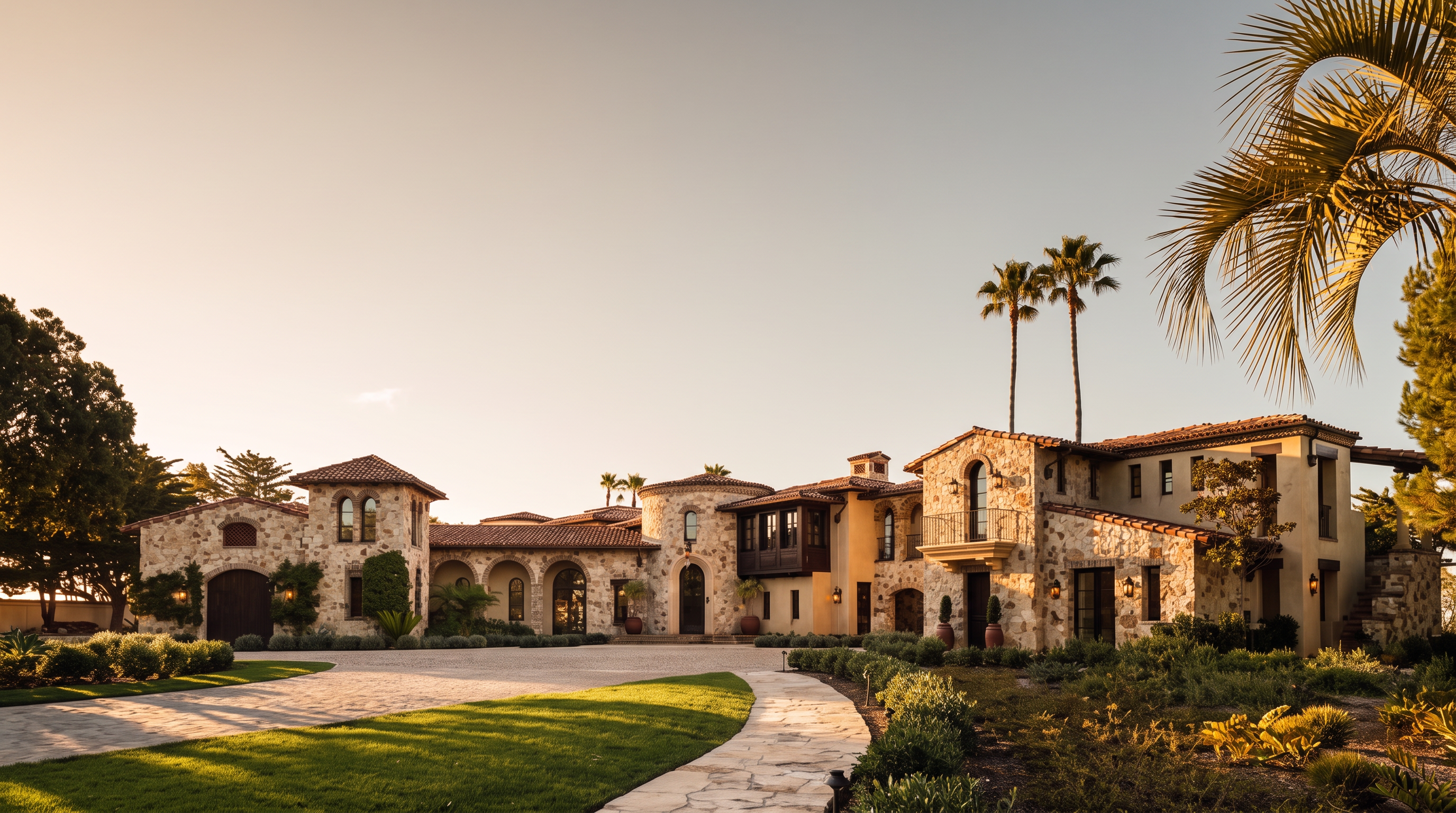 This expansive Mediterranean-style estate features a grand stone facade with a multi-gabled roofline and a prominent central turret. A sweeping stone-paved driveway leads to the main entrance, framed by manicured lawns and mature landscaping. The architecture incorporates arched windows, wrought-iron accents, and a balcony, creating an impression of luxury and timeless elegance.