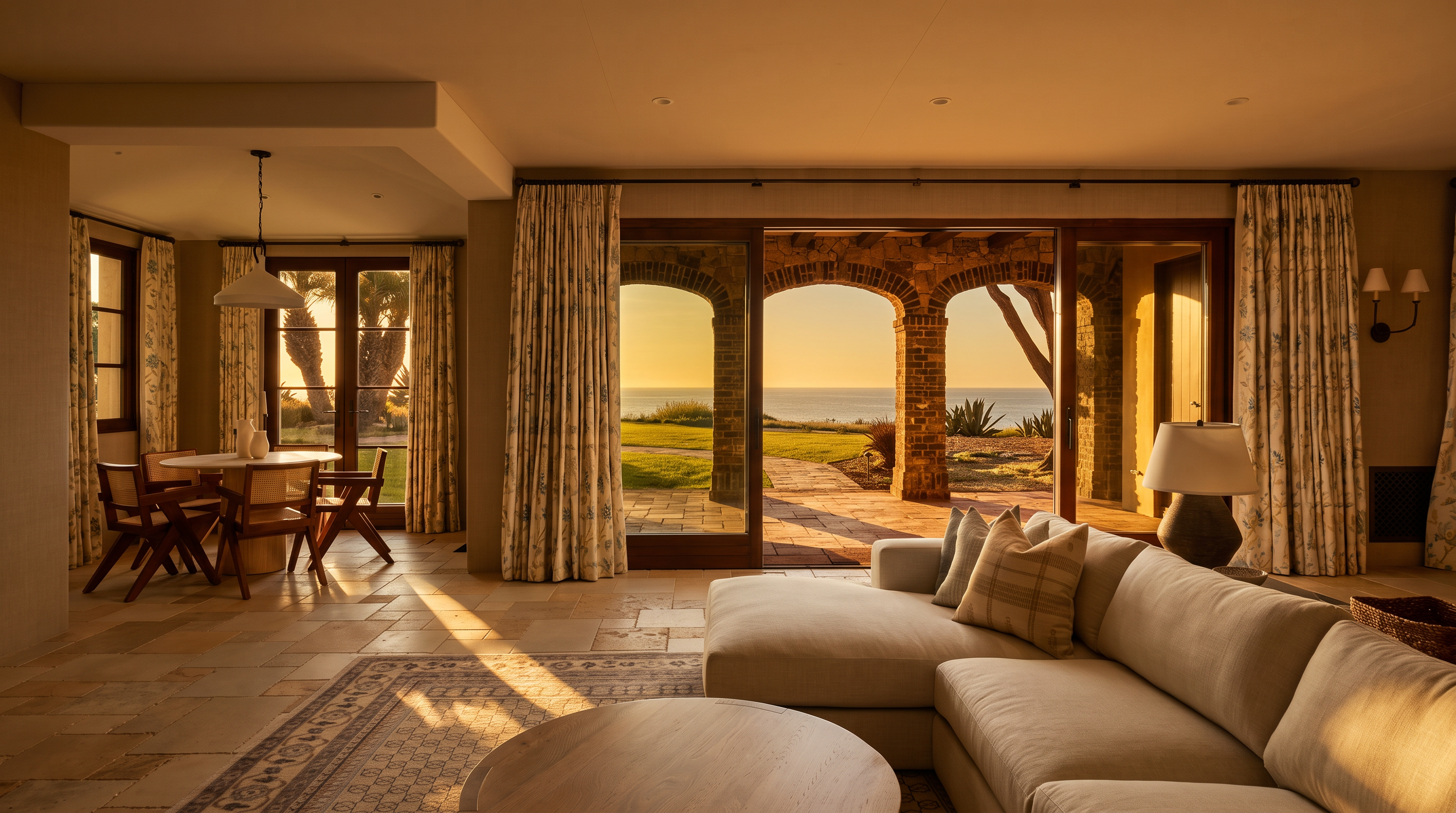 This bright and airy living room features a large, light-colored sectional sofa and a circular wooden coffee table, set against a backdrop of expansive glass doors that open to a scenic ocean view. To the left, a dining area with a round table and wooden chairs creates an open-concept flow, all tied together by neutral-toned stone flooring and patterned area rugs. The space exudes a relaxed, coastal elegance, with natural light flooding in to highlight the seamless transition between the indoor living area and the outdoor patio.
