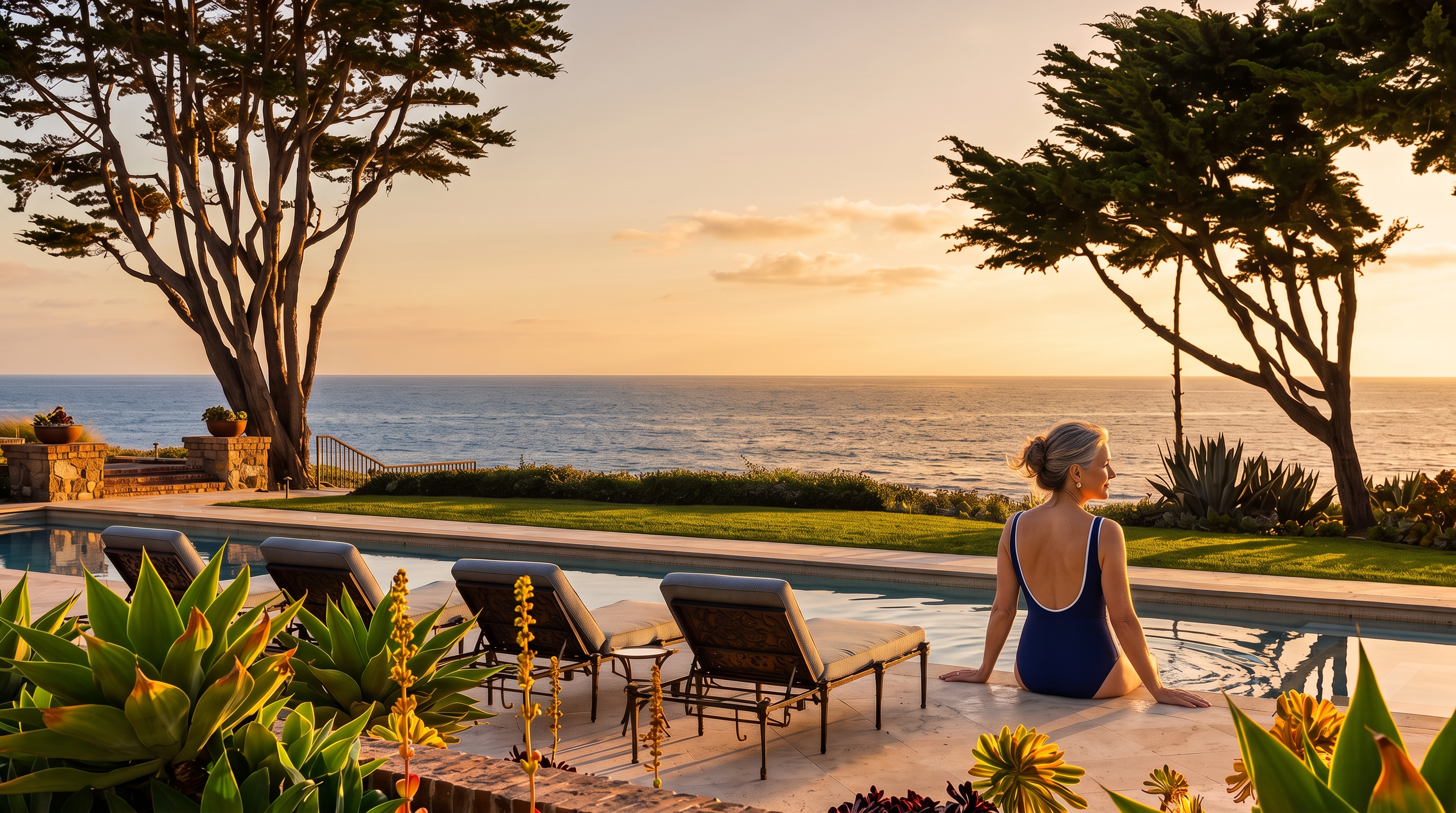 This stunning outdoor space features a long, rectangular swimming pool set against a panoramic backdrop of the ocean. The pool deck is furnished with several lounge chairs, while a low brick wall and lush greenery frame the foreground. The scene captures a serene, high-end coastal lifestyle with mature trees framing the expansive horizon.