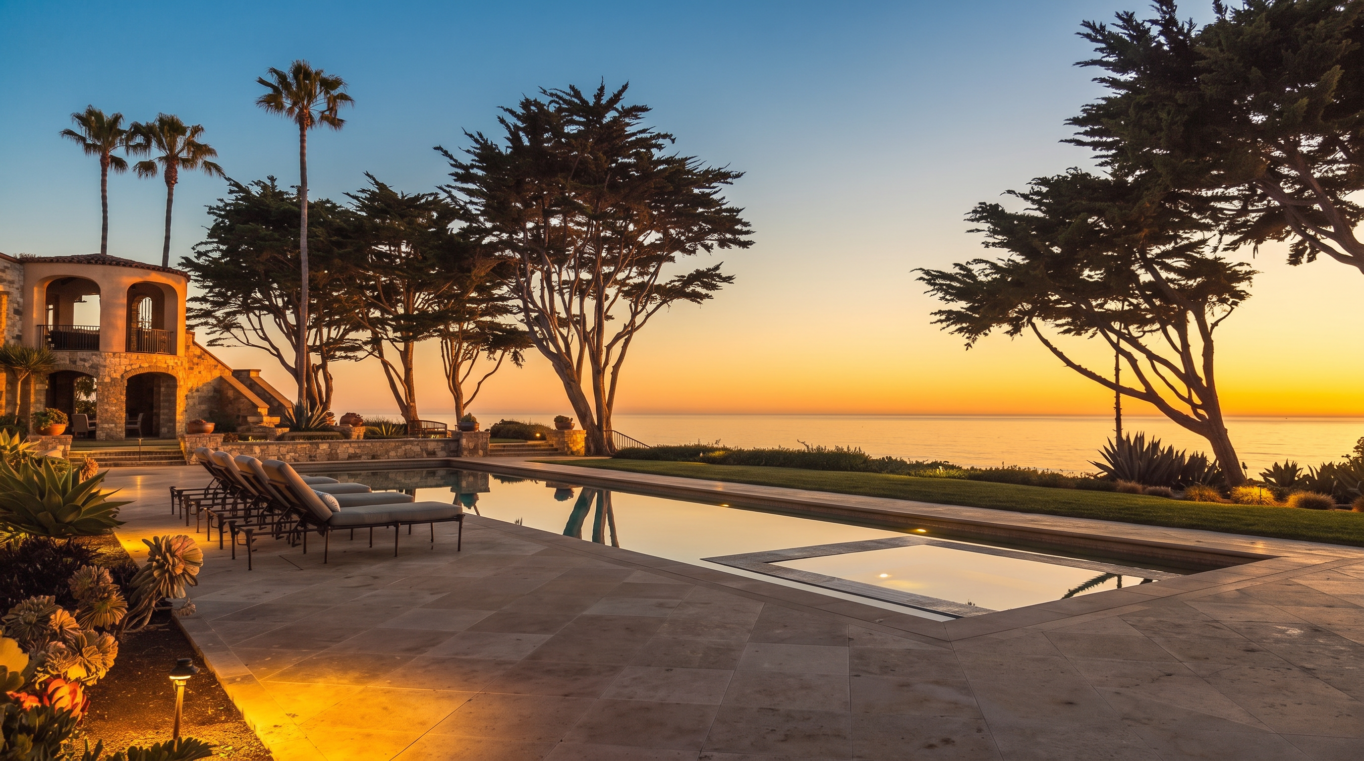 This stunning twilight view captures a luxurious infinity-edge pool and integrated spa overlooking the ocean. The scene is framed by mature, illuminated trees and a stone-clad architectural structure on the left, creating a serene and high-end atmosphere. The perspective is low and wide, emphasizing the seamless transition between the pool's glowing blue water and the vibrant sunset horizon.