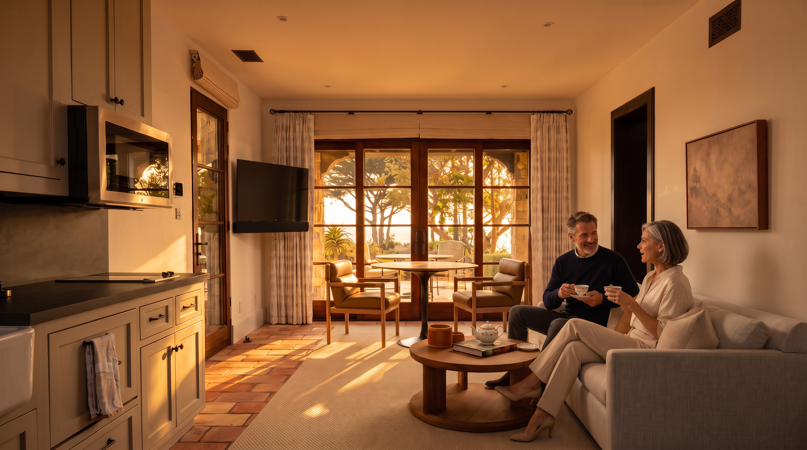 This bright, open-concept living space seamlessly blends a kitchen area with a cozy seating nook that opens to a scenic outdoor view. The room features a light-toned sofa, a round wooden coffee table, and a small dining set positioned in front of large glass doors that lead to a patio. The combination of terracotta-style floor tiles, neutral walls, and natural light creates a warm, inviting atmosphere with a coastal aesthetic.