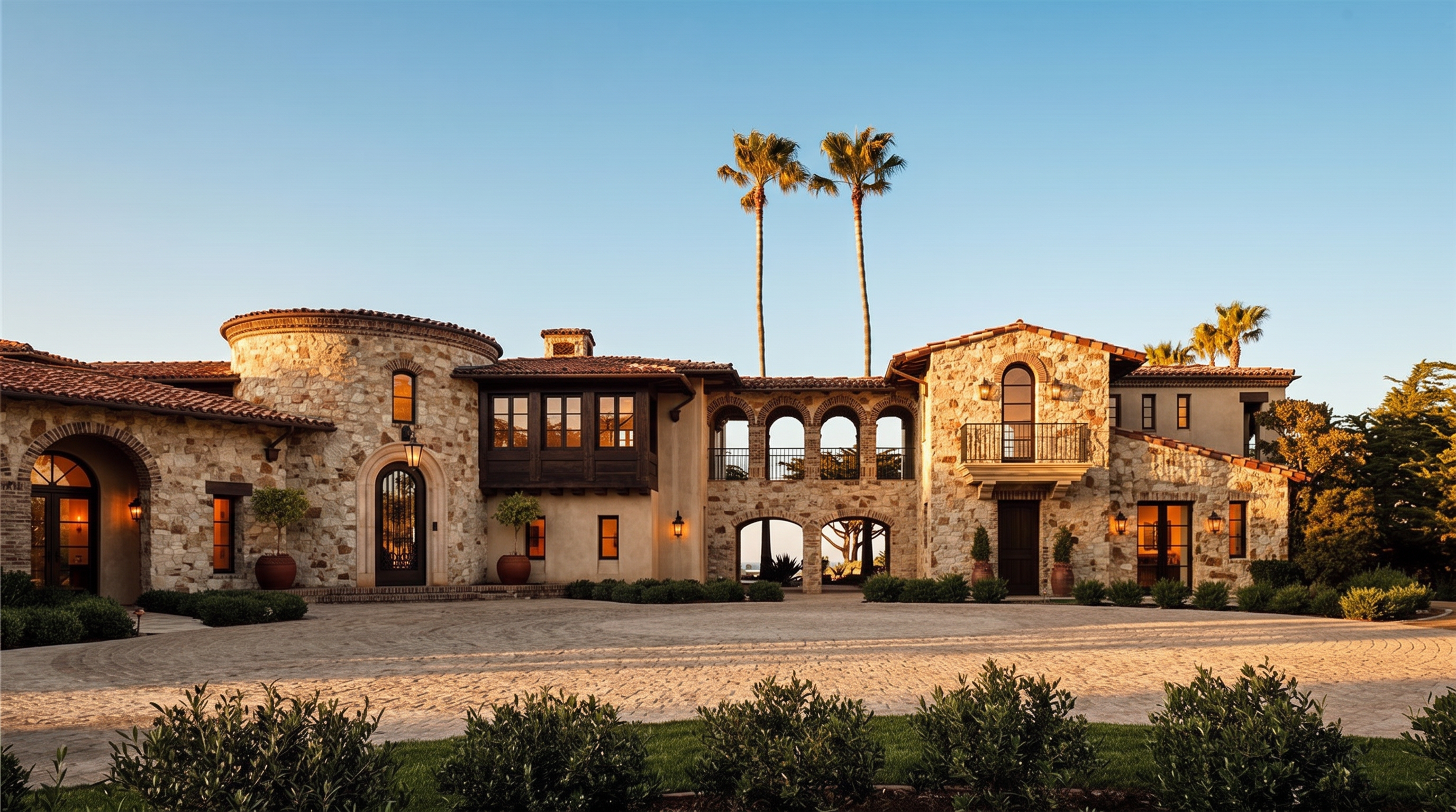 This grand Mediterranean-style estate features a sprawling stone facade with a circular turret, arched entryways, and a prominent second-story balcony. The property is approached by a wide, circular cobblestone driveway that leads to the main entrance, framed by manicured landscaping and tall palm trees. The warm, earthy tones of the stone and the intricate architectural details create an impression of luxury and timeless elegance.