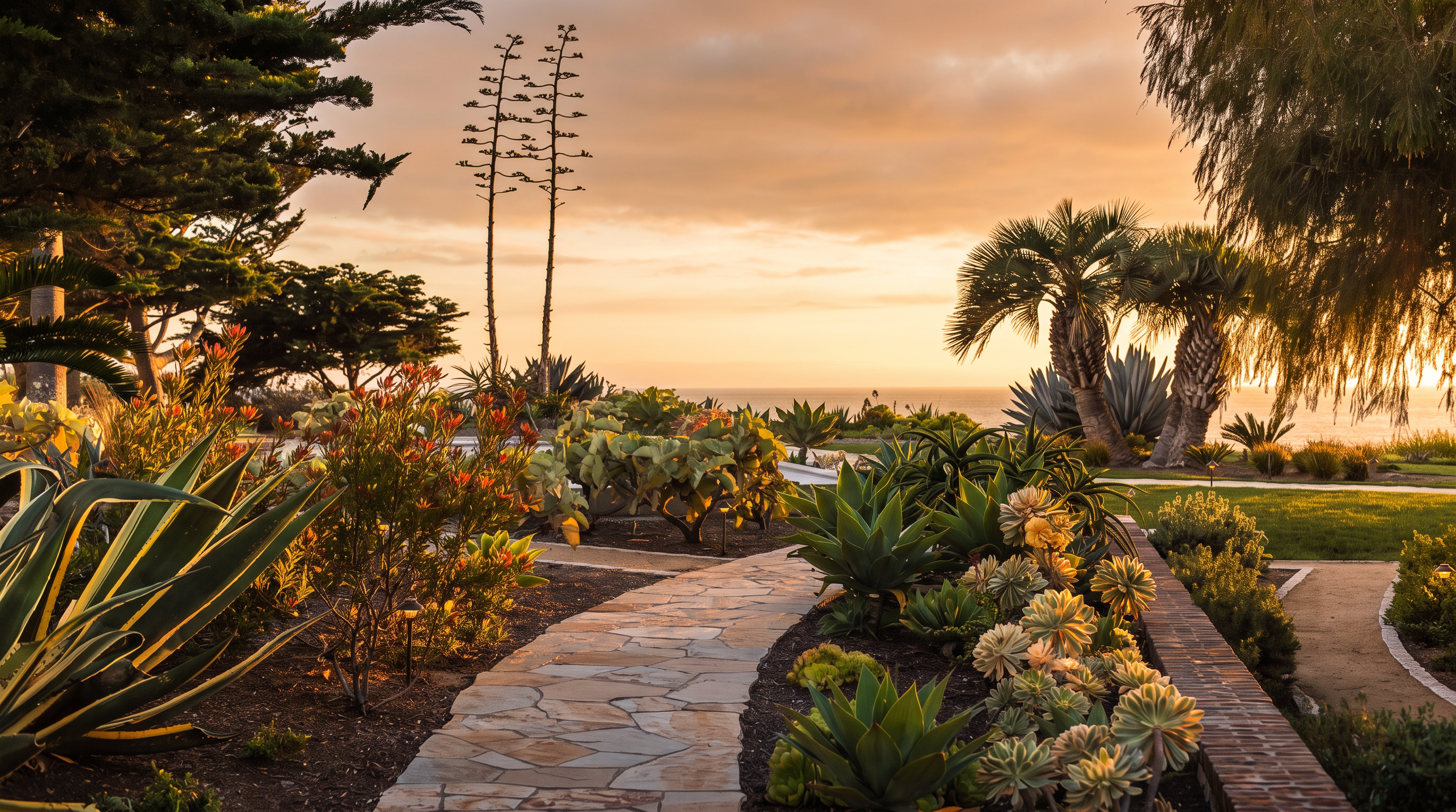 This beautifully landscaped garden path features irregular stone pavers winding through a variety of succulents, cacti, and mature palm trees. The scene offers a serene, elevated perspective looking out toward the ocean horizon under a soft, clear sky. The lush greenery and well-maintained beds create a tranquil, resort-like atmosphere perfect for coastal living.