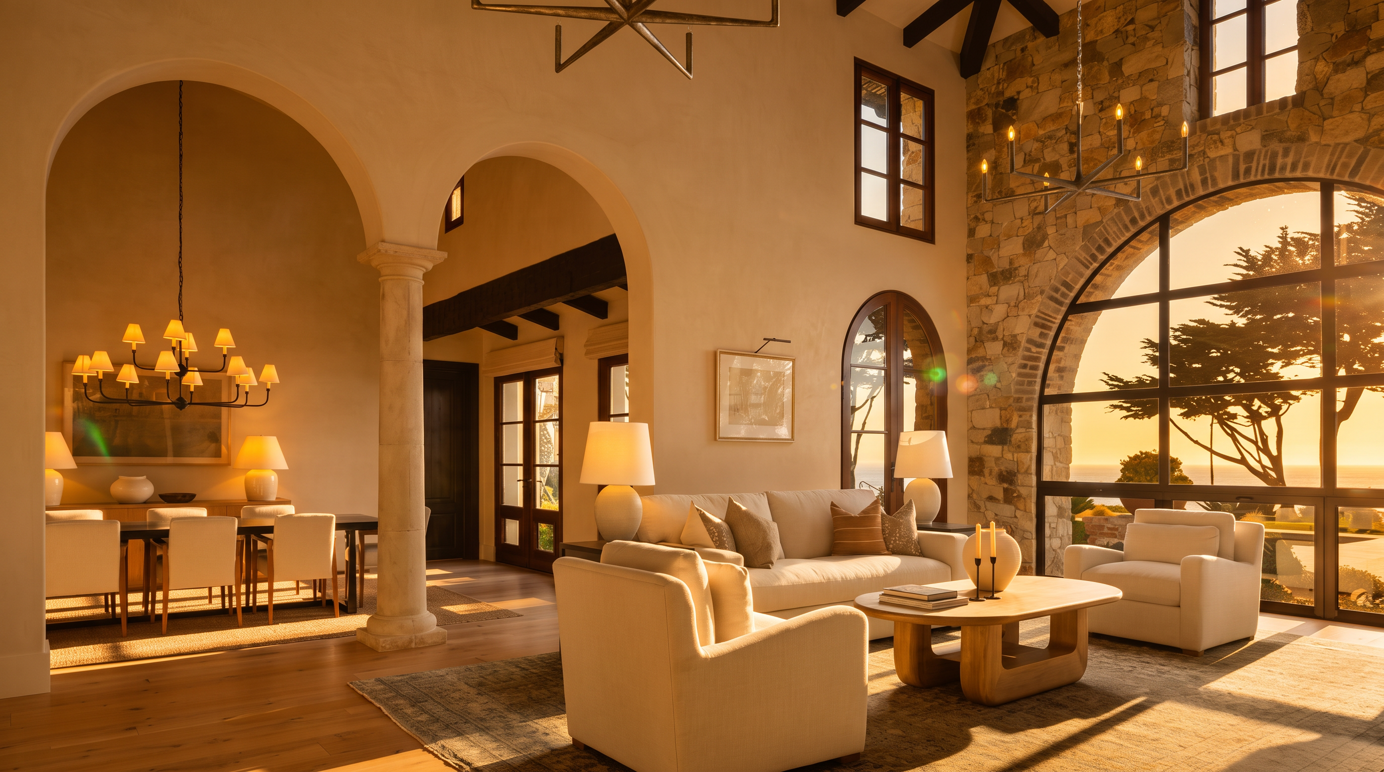 This elegant living room features a high, vaulted ceiling with exposed dark wood beams and a striking stone-clad wall that frames a large arched window overlooking the ocean. The space is anchored by a neutral-toned sofa and matching armchairs arranged on a textured area rug, while an adjacent dining area is visible through a grand arched opening supported by a stone column. The overall aesthetic is a sophisticated blend of Mediterranean-inspired architecture and refined, comfortable interior design.
