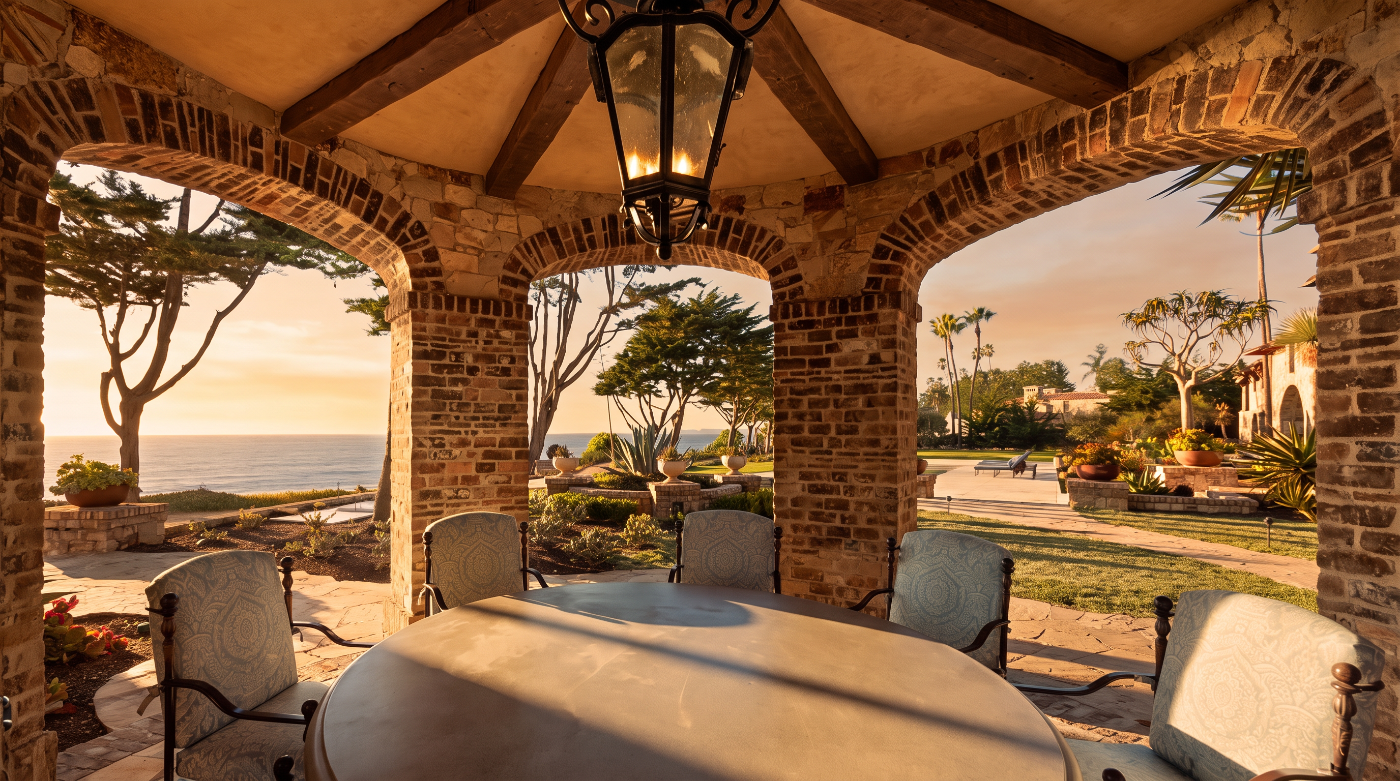 This covered outdoor dining area features a rustic brick-arched structure with exposed wooden ceiling beams and a large, ornate hanging lantern. A circular stone table surrounded by patterned upholstered chairs sits at the center, framing a picturesque view of the ocean and landscaped gardens. The open-air design creates a seamless transition between the elegant stone patio and the expansive coastal scenery.