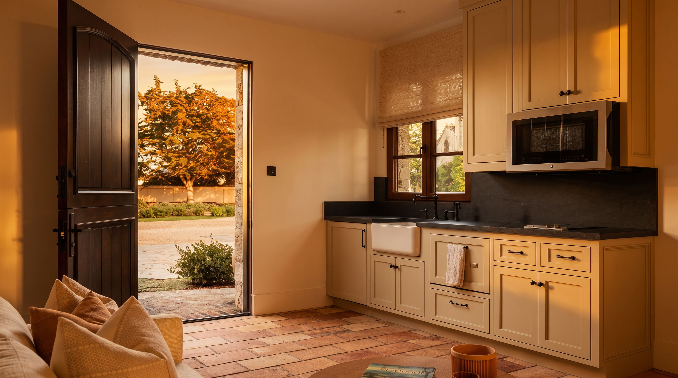 This interior view captures a charming, rustic-style kitchen that seamlessly transitions to an outdoor space through an open, dark-wood arched door. The kitchen features light-toned cabinetry, a farmhouse-style sink, and a dark stone countertop, complemented by terracotta-style floor tiles. The perspective is from a living area, looking toward the kitchen workspace and the bright, sunlit garden view beyond the threshold.