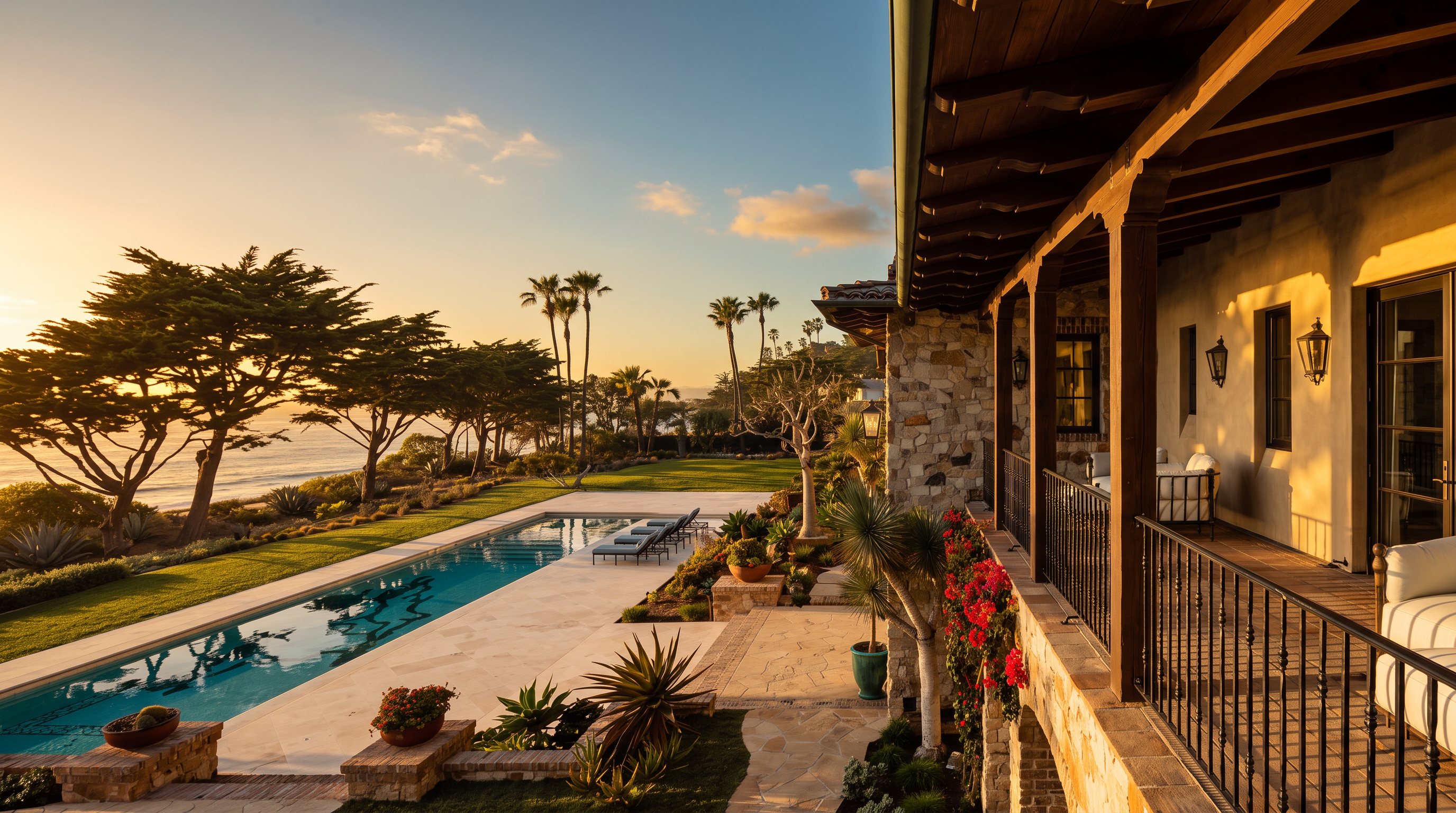 This stunning coastal estate features a long, rectangular swimming pool set against a backdrop of the ocean and mature cypress trees. A covered stone patio with wrought iron railings provides a shaded vantage point, while the manicured lawn and lush landscaping create a serene, resort-like atmosphere. The architecture incorporates natural stone and dark wood beams, emphasizing a Mediterranean-inspired aesthetic that blends seamlessly with the scenic waterfront environment.