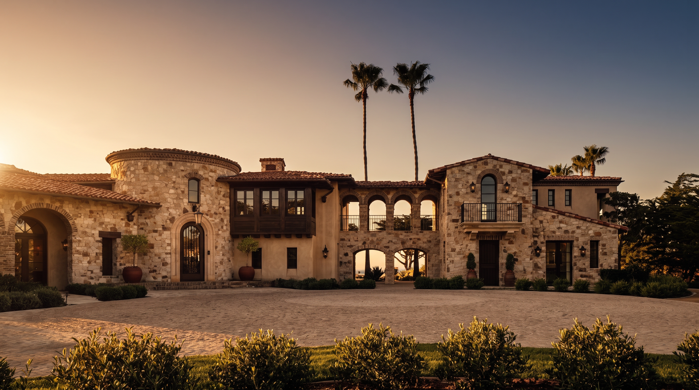 This grand Mediterranean-style estate features a sprawling stone facade with a circular driveway paved in light-colored stone. The architecture includes a prominent round tower, arched entryways, and a second-story balcony, all set against a clear blue sky. Two tall palm trees frame the center of the structure, emphasizing the property's impressive scale and elegant, resort-like aesthetic.