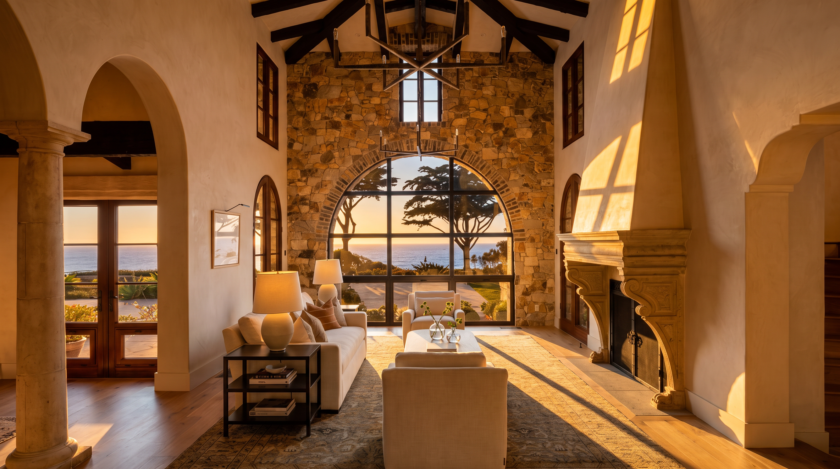 This grand living room features a dramatic vaulted ceiling with exposed dark wood beams and a striking stone-clad chimney breast that anchors the space. A massive arched window provides a stunning, unobstructed view of the ocean, bathing the room in natural light. The interior is furnished with neutral-toned seating, a large area rug, and a sophisticated chandelier, creating an elegant and airy atmosphere.