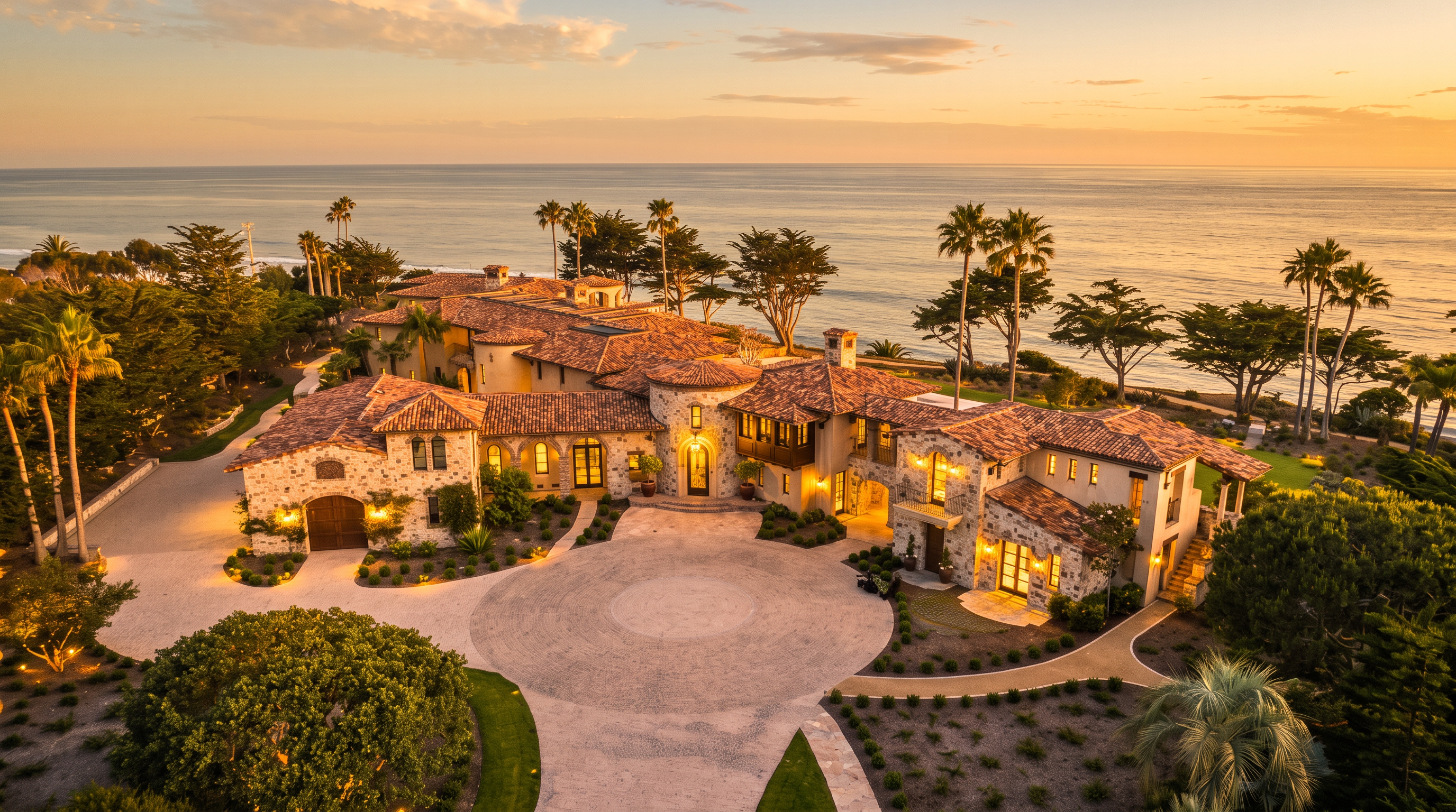 This stunning aerial perspective captures a sprawling Mediterranean-style estate perched directly along the coastline at twilight. The home features a complex layout with multiple wings, terracotta-tiled roofs, and stone-clad walls, centered around a grand circular motor court. Lush landscaping, mature trees, and a serene ocean backdrop create an atmosphere of luxury and seclusion.