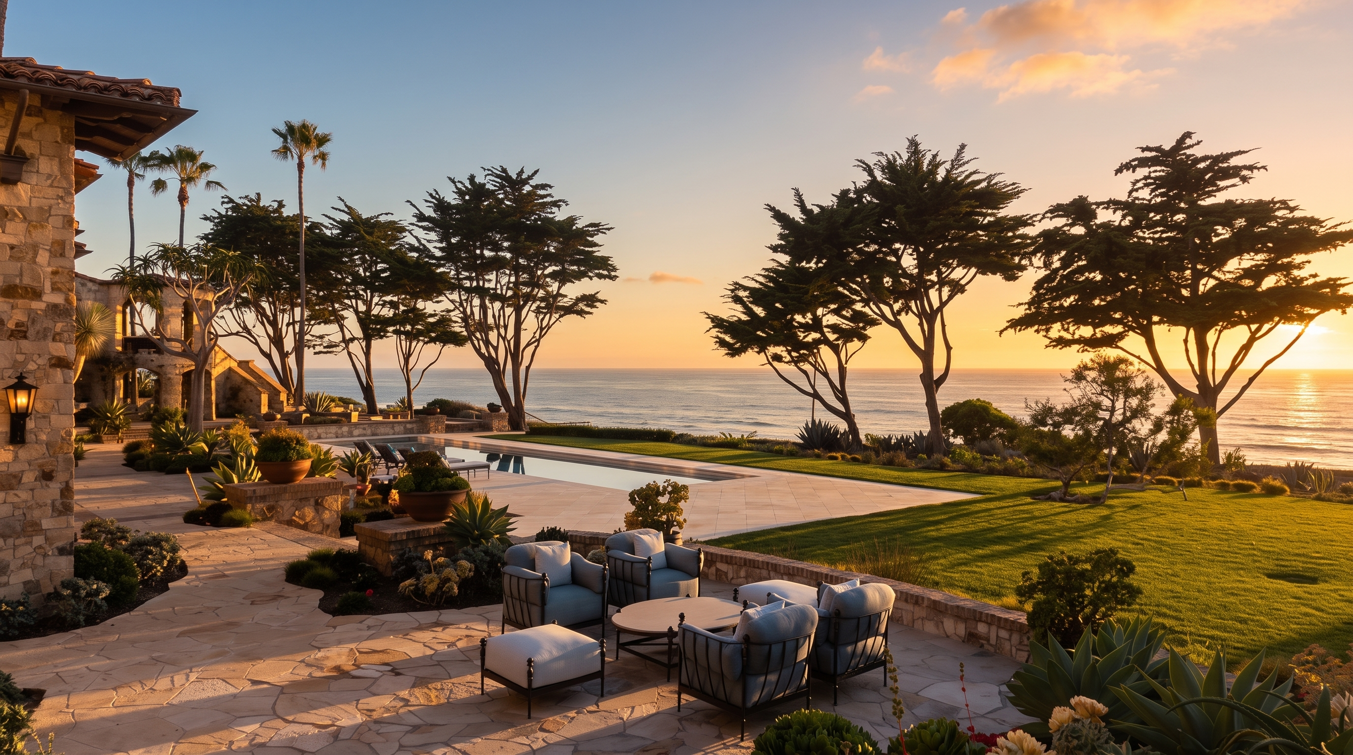 This expansive rear patio offers a luxurious outdoor living space overlooking a serene ocean view. The stone-paved terrace features a comfortable seating area with plush armchairs and a central table, leading directly to a long, rectangular swimming pool set against a backdrop of mature trees and the horizon. The scene captures a tranquil, high-end coastal lifestyle with a seamless transition between the manicured lawn and the natural landscape.