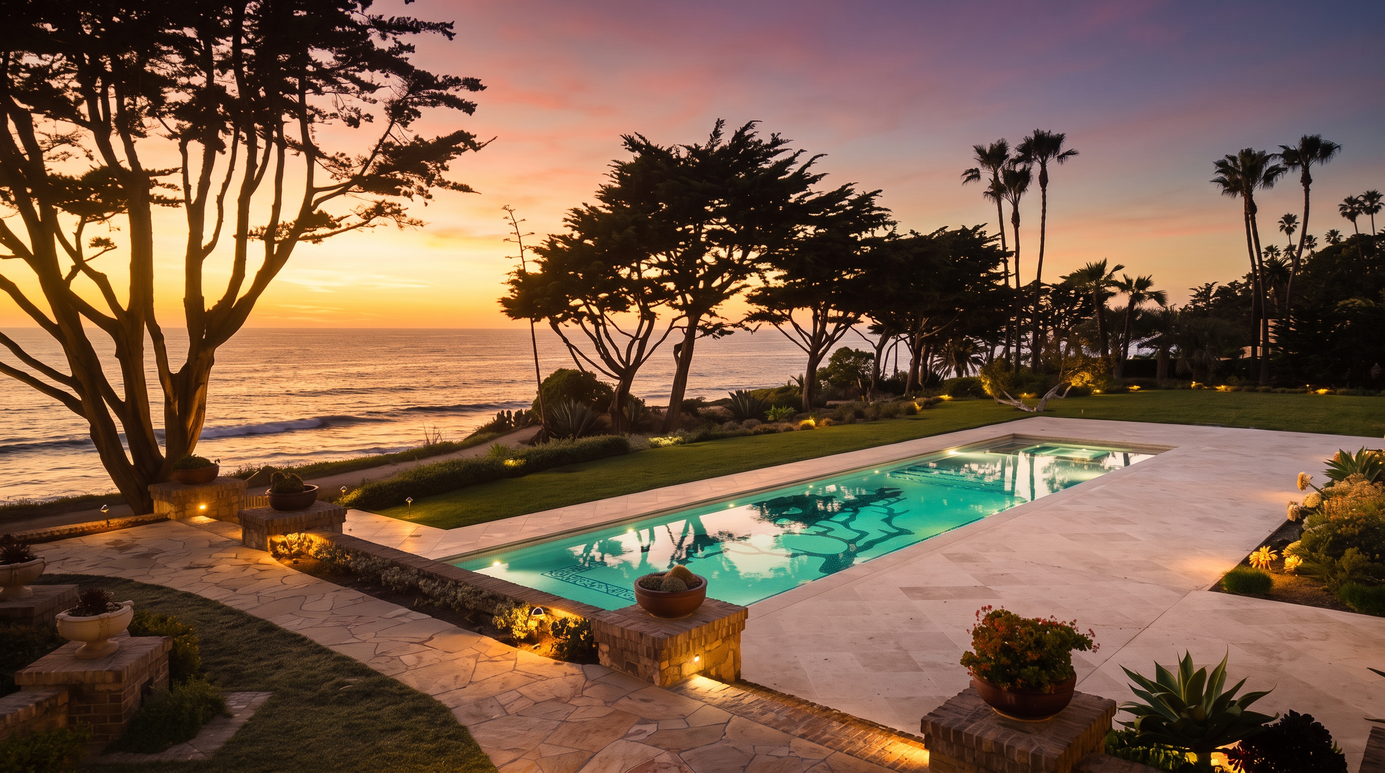 This stunning rear exterior view captures a rectangular swimming pool set against a breathtaking ocean sunset. The pool deck is paved with light-colored stone, featuring a row of lounge chairs overlooking the water, while mature trees and manicured landscaping frame the serene coastal horizon. The perspective is elevated, providing a cinematic look at the seamless transition between the luxury pool area and the natural beauty of the shoreline.