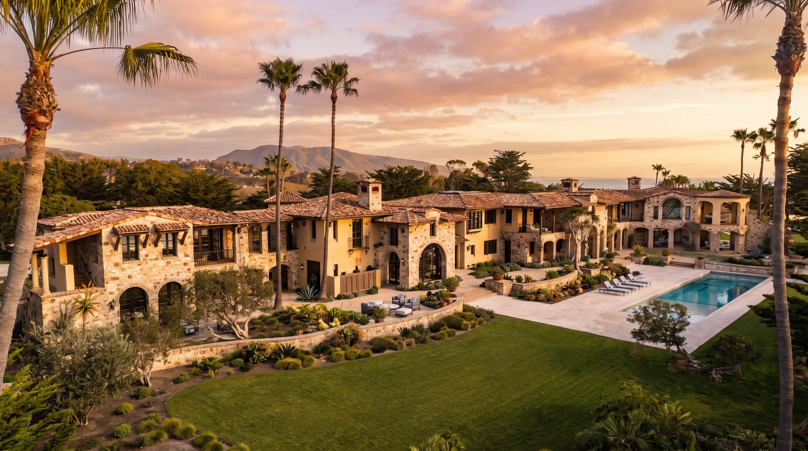 This expansive Mediterranean-style estate is captured from an elevated aerial perspective, showcasing its sprawling layout and integration with the surrounding landscape. The property features a multi-winged stone structure with terracotta-tiled roofs, a large rectangular swimming pool, and meticulously manicured lawns framed by tall palm trees. In the distance, rolling hills and a glimpse of the ocean create a serene and luxurious coastal backdrop.