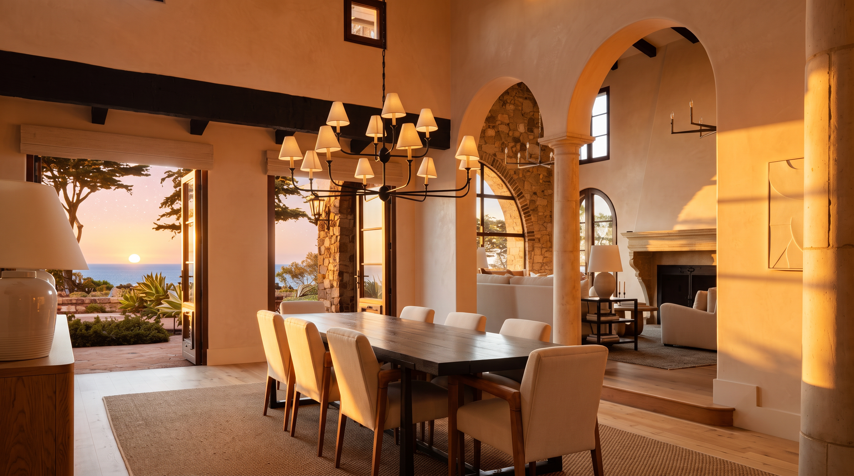 This elegant dining room features a long, dark wood table surrounded by light-colored upholstered chairs, positioned beneath a large, multi-armed chandelier. The space is defined by high ceilings with exposed dark beams and arched openings that lead into an adjacent living area with a stone fireplace. Large glass doors open directly to a scenic coastal view, creating a seamless transition between the sophisticated interior and the natural landscape.