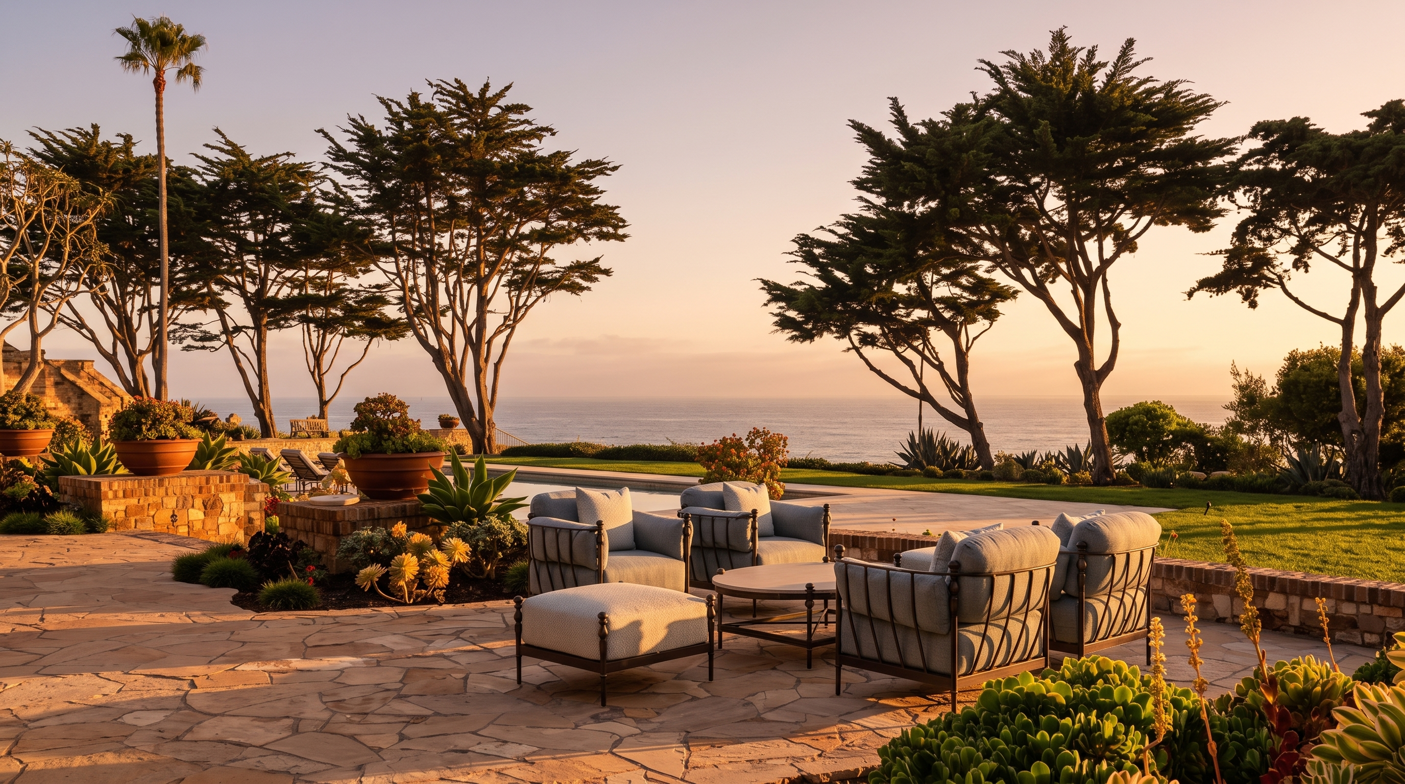 This expansive stone-paved patio offers a luxurious outdoor living space overlooking the ocean. The area is furnished with comfortable lounge seating and a central coffee table, framed by lush landscaping and mature trees. In the background, a swimming pool stretches toward the horizon, creating a serene and high-end coastal atmosphere.