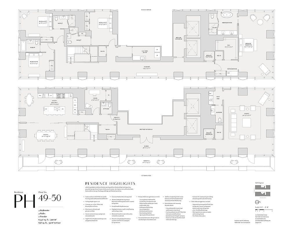 This image displays a detailed architectural floor plan for a luxury penthouse residence spanning floors 49 and 50. The layout features a spacious, open-concept design with multiple bedrooms, bathrooms, a large kitchen, dining area, and a private terrace overlooking Central Park. The schematic provides a clear, top-down technical view of the residence's flow, highlighting the sophisticated arrangement of living spaces and private quarters.