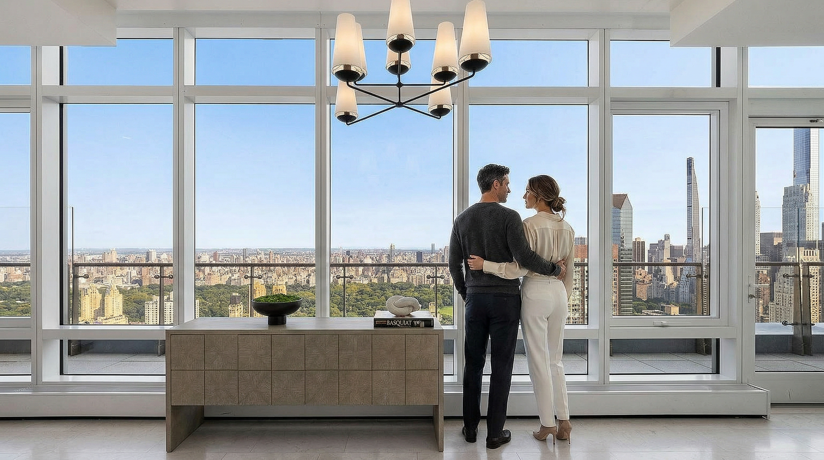 This sophisticated interior space features a sleek, modern console table positioned against a floor-to-ceiling glass wall that offers a breathtaking, panoramic view of Central Park and the New York City skyline. A contemporary multi-arm chandelier hangs above, adding a sculptural element to the room, while the minimalist decor emphasizes the dramatic urban backdrop. The perspective is centered and symmetrical, highlighting the seamless transition between the refined indoor living area and the expansive outdoor terrace.