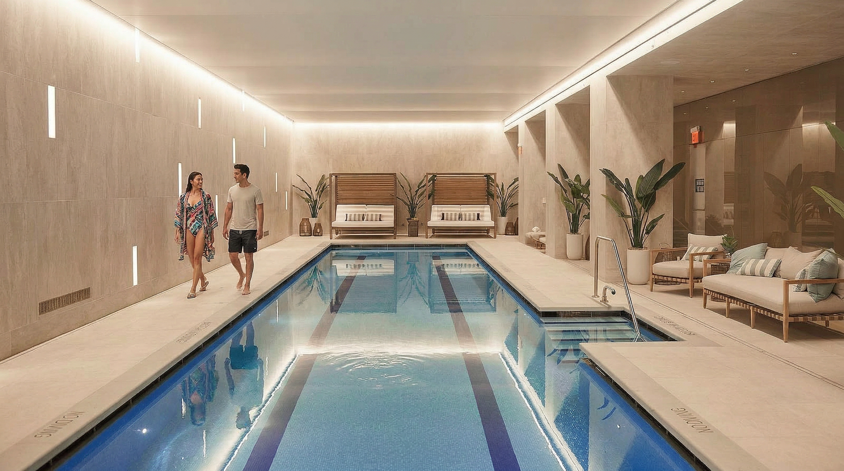 This luxurious indoor lap pool area features a sleek, modern design with warm ambient lighting and neutral stone finishes. The space includes comfortable lounge seating, cabana-style daybeds, and lush potted plants, creating a serene and high-end atmosphere. The perspective is a wide, symmetrical shot that emphasizes the length of the pool and the sophisticated, spa-like aesthetic of the facility.