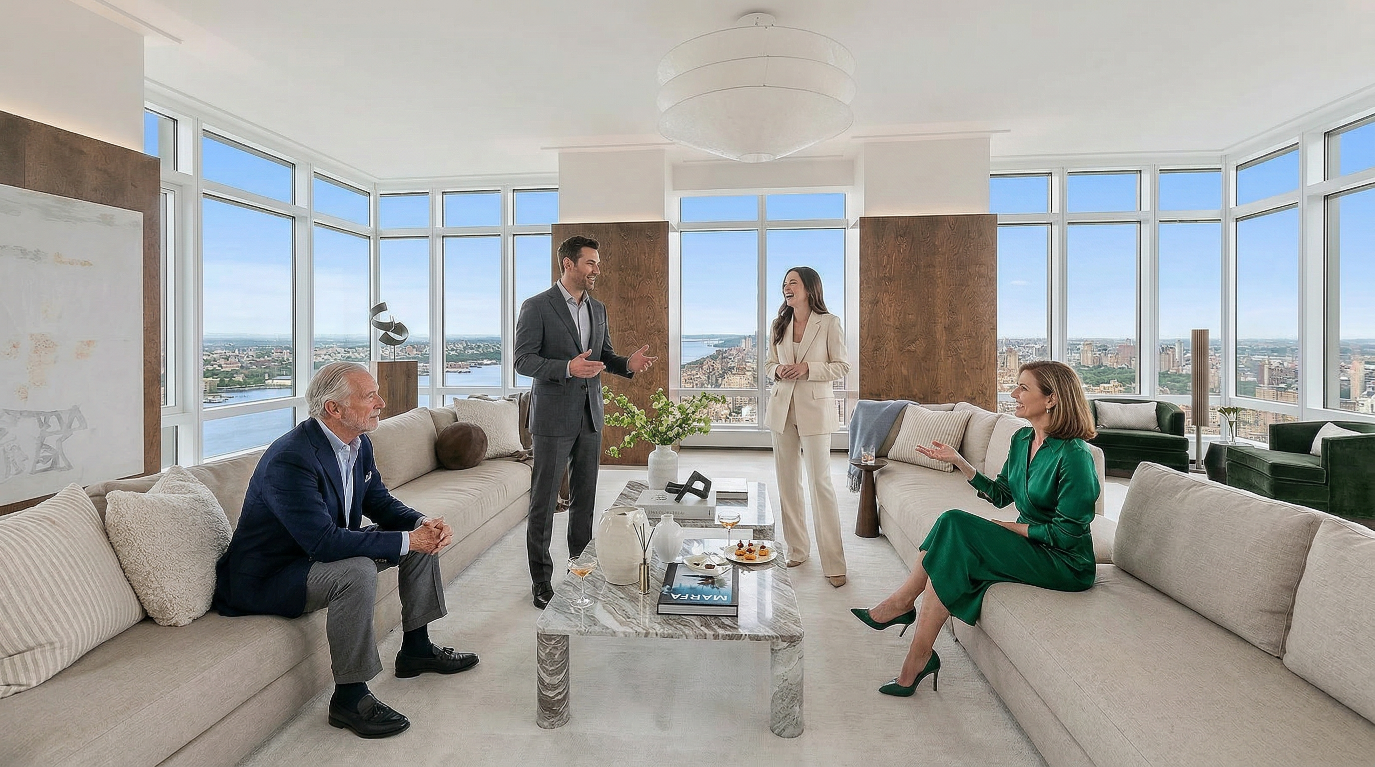 This expansive, high-floor living room features a sophisticated, neutral color palette and floor-to-ceiling windows that offer panoramic city and river views. The space is anchored by two large, plush sofas arranged around marble coffee tables, creating an inviting and luxurious seating area. The minimalist decor, warm wood paneling accents, and bright, airy atmosphere highlight the premium nature of this urban residence.