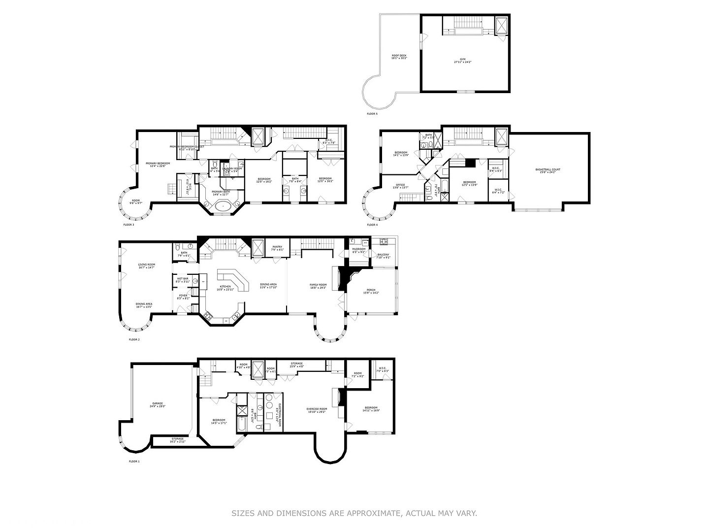 The image presents a detailed floor plan of a multi-story house, showcasing the layout of each floor. It includes various rooms such as bedrooms, living rooms, dining areas, kitchens, bathrooms, and even a basketball court and gym. The floor plan provides a comprehensive overview of the property's spatial arrangement and dimensions.