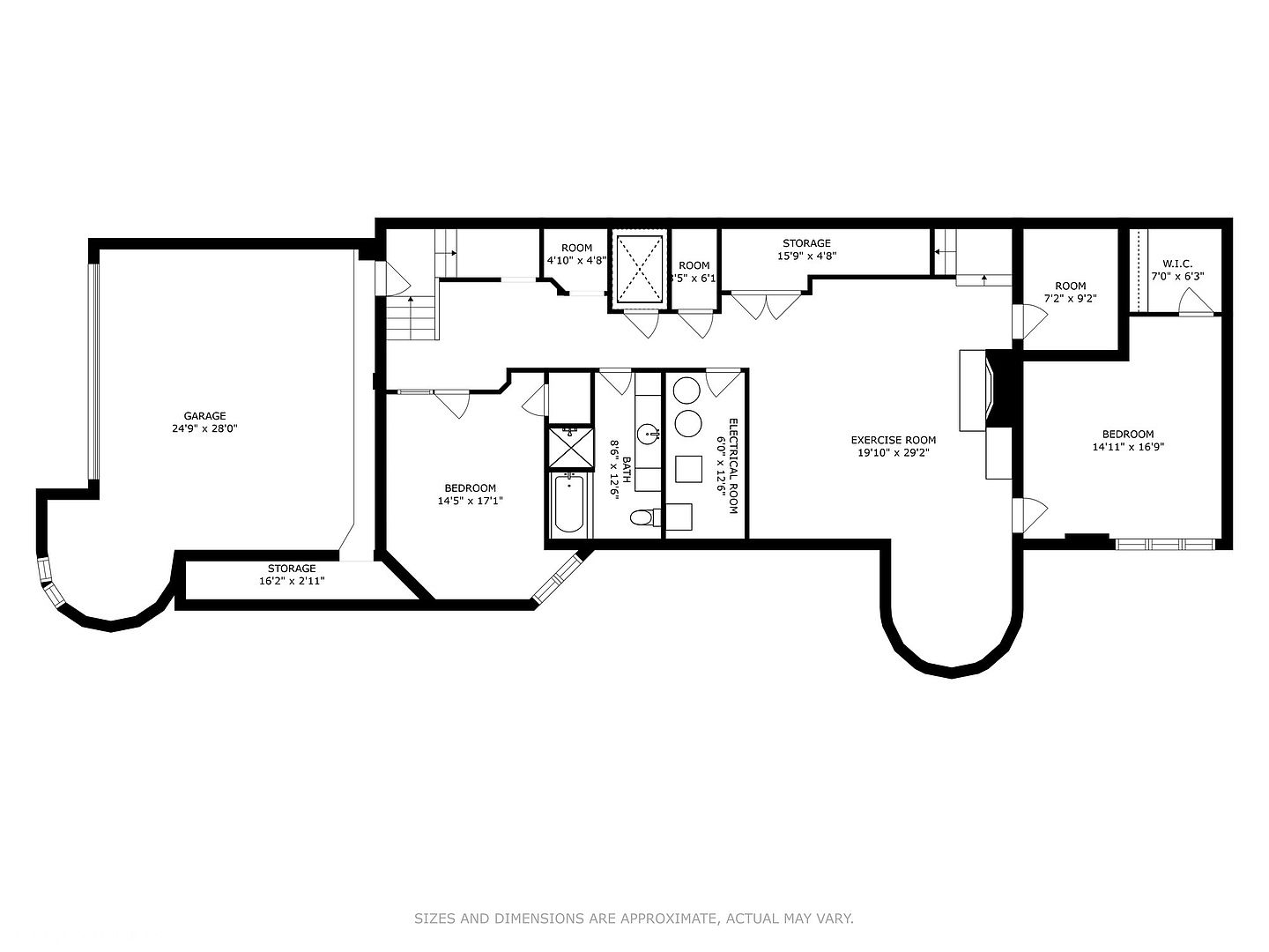 This is a floor plan of a basement, showcasing various rooms and their dimensions. The layout includes a garage, storage areas, bedrooms, bathrooms, an exercise room, and an electrical room. The plan provides a clear overview of the basement's structure and spatial arrangement, useful for understanding the property's potential.