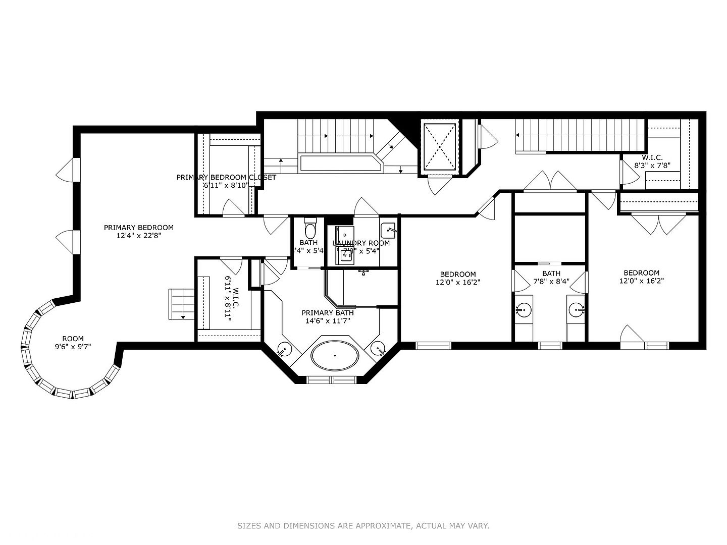 This is a detailed floor plan of a house, showcasing the layout of the primary bedroom, guest bedrooms, bathrooms, and other rooms. The plan includes dimensions for each room, such as the primary bedroom measuring 12'4" x 22'8" and the guest bedrooms at 12'0" x 16'2", providing a clear understanding of the property's spatial arrangement.