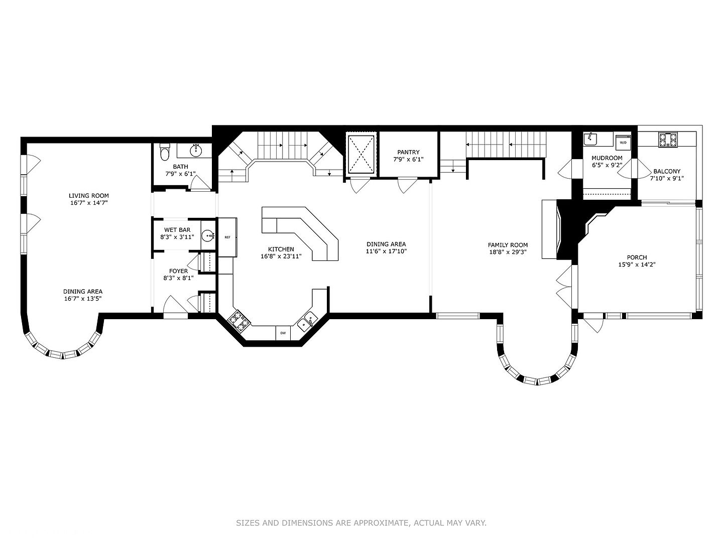 This image presents a detailed floor plan of a house, showcasing the layout of various rooms including the living room, dining area, kitchen, family room, bedrooms, and bathrooms. The plan includes dimensions for each room, providing a clear understanding of the space and flow within the home. The layout suggests a well-designed and functional living space.