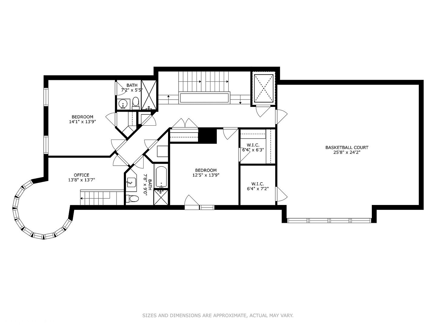 This is a floor plan depicting the layout of a residential space. It includes an office, two bedrooms, two bathrooms, two walk-in closets, and a basketball court. The dimensions of each room are clearly labeled, providing a comprehensive overview of the property's spatial arrangement.