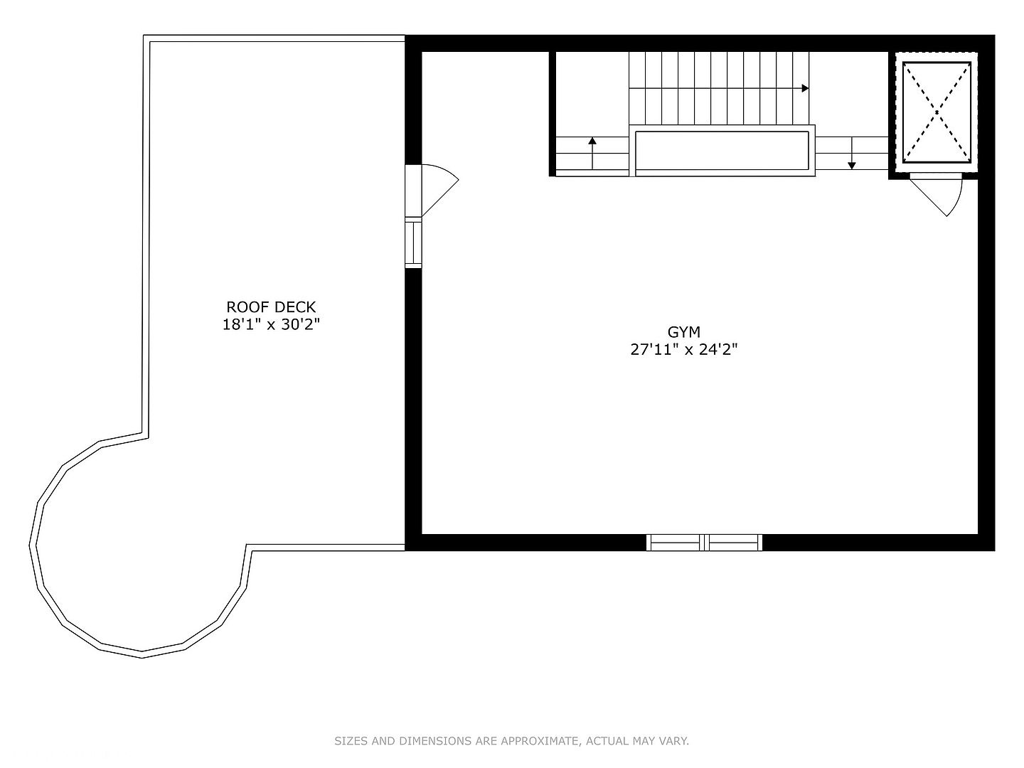 This image showcases a floor plan featuring a roof deck and a home gym. The roof deck measures 18'1" x 30'2", while the gym is 27'11" x 24'2", providing ample space for various activities. The layout includes stairs leading to the gym area, suggesting a multi-level design.