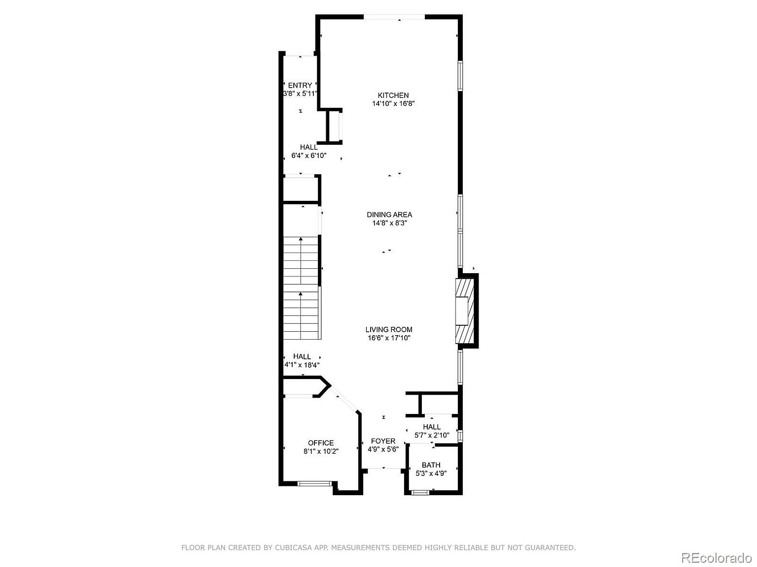 This image presents a detailed floor plan of a house, showcasing the layout of various rooms including the entry, kitchen, dining area, living room, office, and bathrooms. The plan provides dimensions for each room, offering a clear understanding of the property's spatial arrangement and flow, which is useful for potential buyers to visualize the home's layout.
