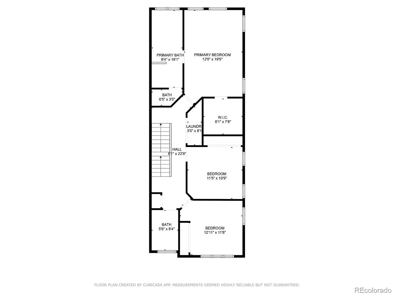 This image showcases a floor plan of a house, highlighting the layout of various rooms including bedrooms, bathrooms, a laundry room, and a hallway with stairs. The primary bedroom and bath are located at the top of the plan, while additional bedrooms and a bath are situated further down the hallway, providing a clear overview of the home's interior arrangement.