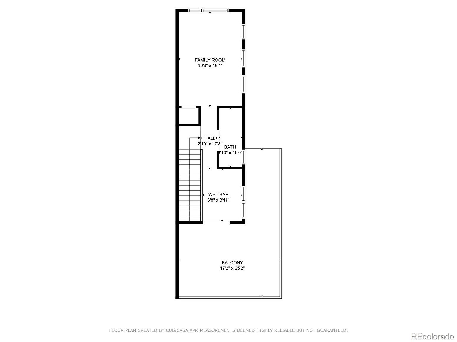 This image presents a floor plan of a multi-level interior space, featuring a family room, hallway, bathroom, wet bar, and balcony. The layout includes stairs connecting the levels, providing a clear understanding of the spatial relationships between different areas. The floor plan is designed to give potential buyers a comprehensive view of the property's layout and dimensions.