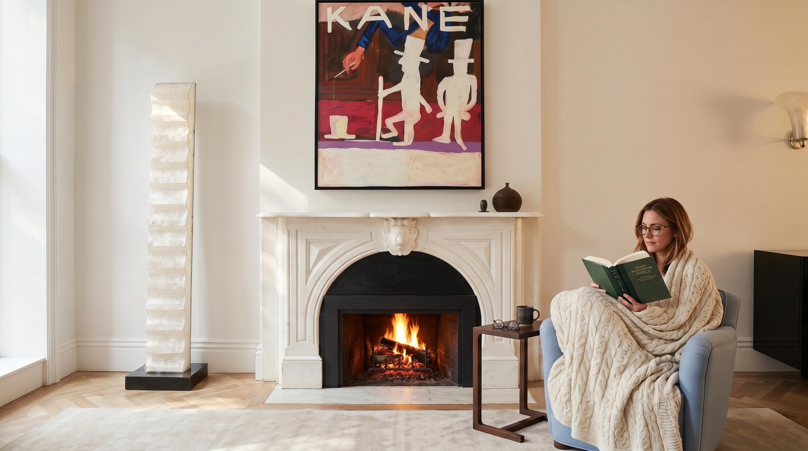 This sophisticated living room features a striking, ornate white marble fireplace surround serving as a focal point beneath a piece of large, modern abstract art. A sculptural, translucent floor lamp stands to the left, while a soft blue armchair adds a touch of color to the right side of the space. The room is further defined by warm-toned herringbone wood flooring and clean white walls, creating an elegant and refined aesthetic.