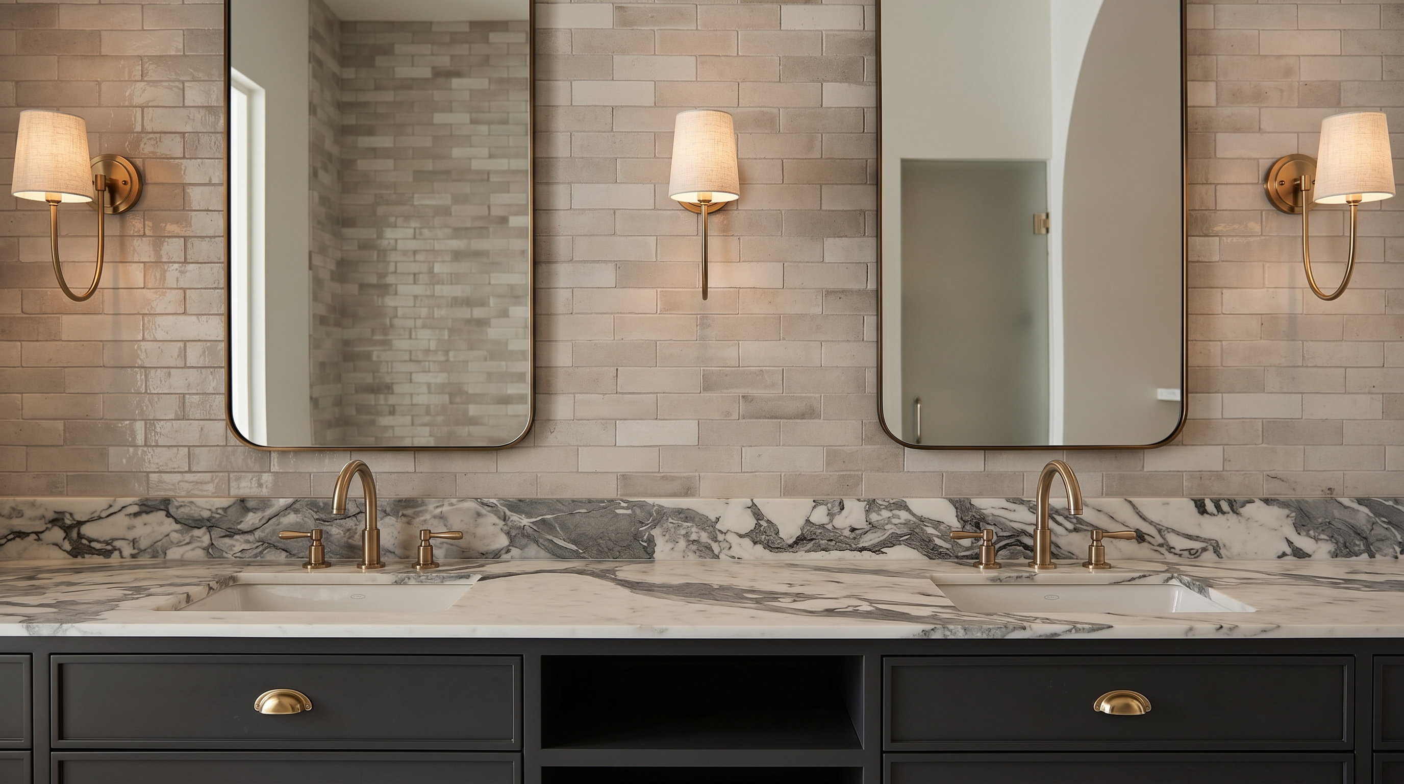 This luxurious double-vanity primary bathroom features elegant marble countertops with striking gray veining and matching backsplashes set against a textured, neutral-toned subway tile wall. The space is anchored by dark, sophisticated cabinetry with brass hardware, complemented by chic arched mirrors and warm sconce lighting. The overall design aesthetic is both modern and timeless, offering a clean, high-end feel perfect for an upscale primary suite.
