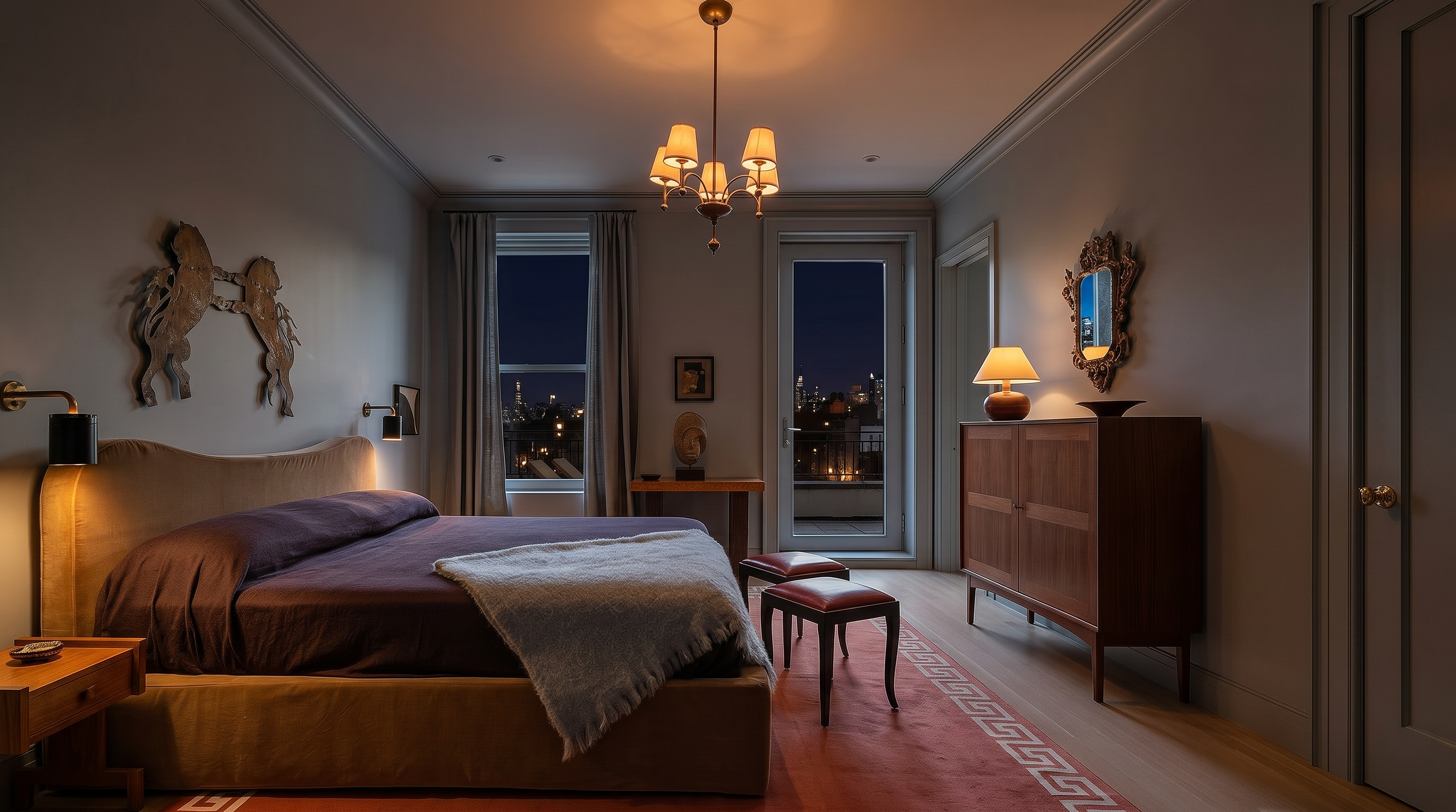 This elegant primary bedroom features a sophisticated, neutral color palette with a plush, upholstered bed frame and a dark, textured duvet. The room is accented by a mid-century modern wooden dresser, two leather-topped stools, and a unique horse-themed wall sculpture, all set against a soft blue-grey wall. A large window and a glass door leading to a balcony provide ample natural light, creating a serene and refined atmosphere.