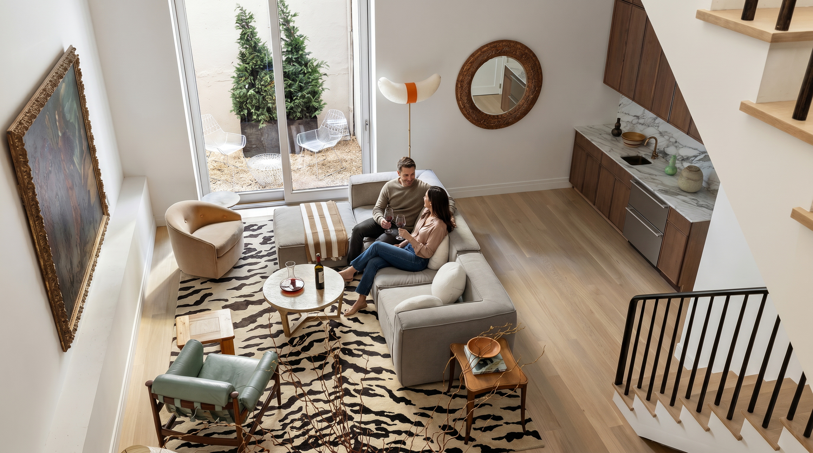 This high-angle, cinematic shot captures a sophisticated, modern living room featuring a plush grey sectional sofa, a bold zebra-print area rug, and a mix of vintage and contemporary accent chairs. To the right, a sleek kitchenette with marble countertops and dark wood cabinetry integrates seamlessly into the space, while a large, ornate-framed painting adds a touch of classic elegance to the minimalist white walls. The room opens through floor-to-ceiling glass doors to a private, landscaped courtyard, creating a bright and airy atmosphere that emphasizes luxury and architectural design.