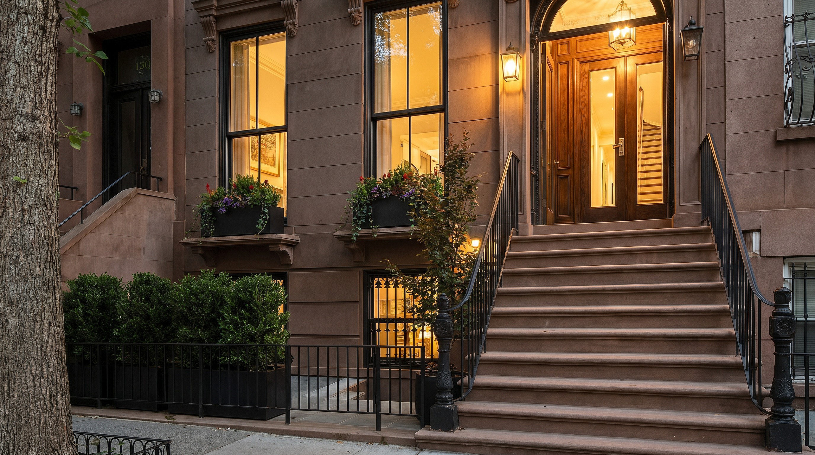 This elegant brownstone townhouse showcases a classic architectural style with a prominent stone staircase leading to a grand arched doorway. The facade is characterized by symmetrical windows adorned with vibrant flower boxes, complemented by a neatly manicured hedge and mature tree. The warm outdoor lighting accentuates the sophisticated and welcoming curb appeal typical of historical urban residences.