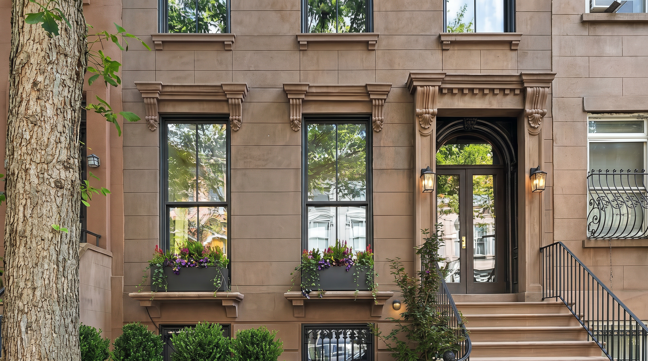 This classic New York-style brownstone facade features elegant architectural details, including tall, symmetrical windows adorned with vibrant flower boxes. The grand entrance is highlighted by an arched doorway with ornate molding and modern exterior sconces, leading up a stone staircase with iron railings. The warm-toned masonry and mature landscaping contribute to a sophisticated and inviting curb appeal.