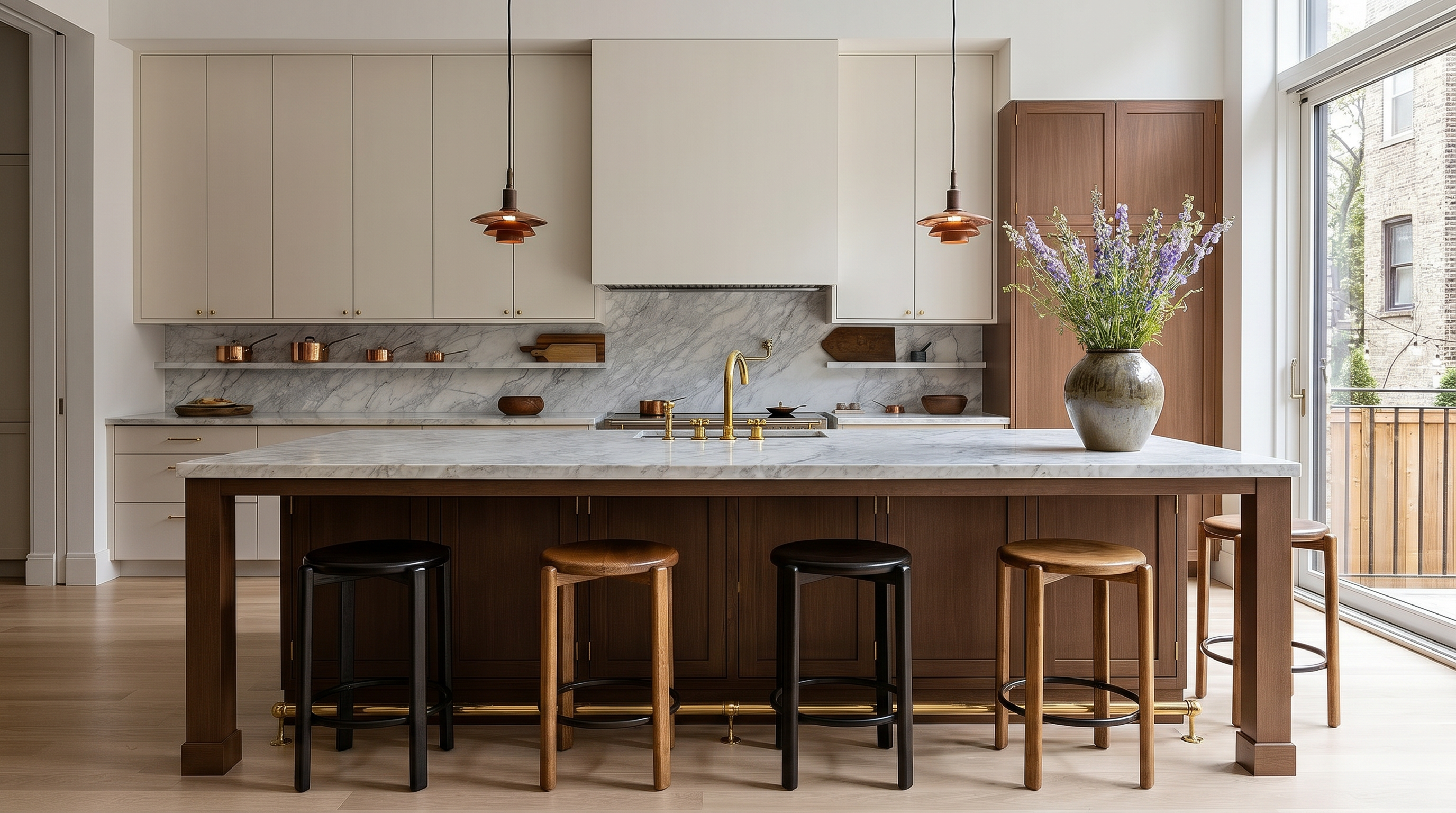 This sophisticated kitchen features a seamless blend of modern design and warm, natural elements, highlighted by a large marble-topped island and high-end cabinetry. The space is anchored by a matching marble backsplash, dual pendant lights, and a thoughtful layout that integrates both light cream and rich wood tones. A large vase of flowers serves as an elegant centerpiece, while natural light streams in from the adjoining glass door, creating an inviting and luxurious atmosphere ideal for both cooking and entertaining.