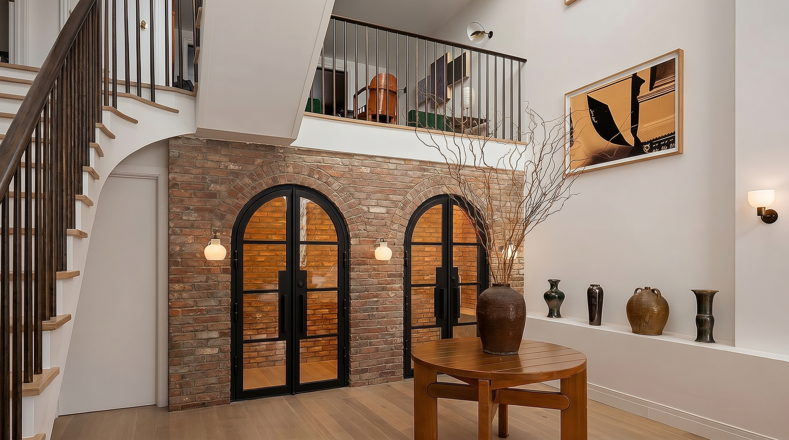 This grand entryway features a striking double-height ceiling with a mezzanine balcony overlooking a foyer defined by exposed brick arches and black-framed glass doors. A circular wooden table sits in the foreground, adorned with a decorative vase and dried branches, while the space is accented by minimalist wall art and a curved staircase with a dark wood railing. The combination of warm wood flooring, industrial-inspired brickwork, and clean white walls creates a sophisticated and welcoming atmosphere.