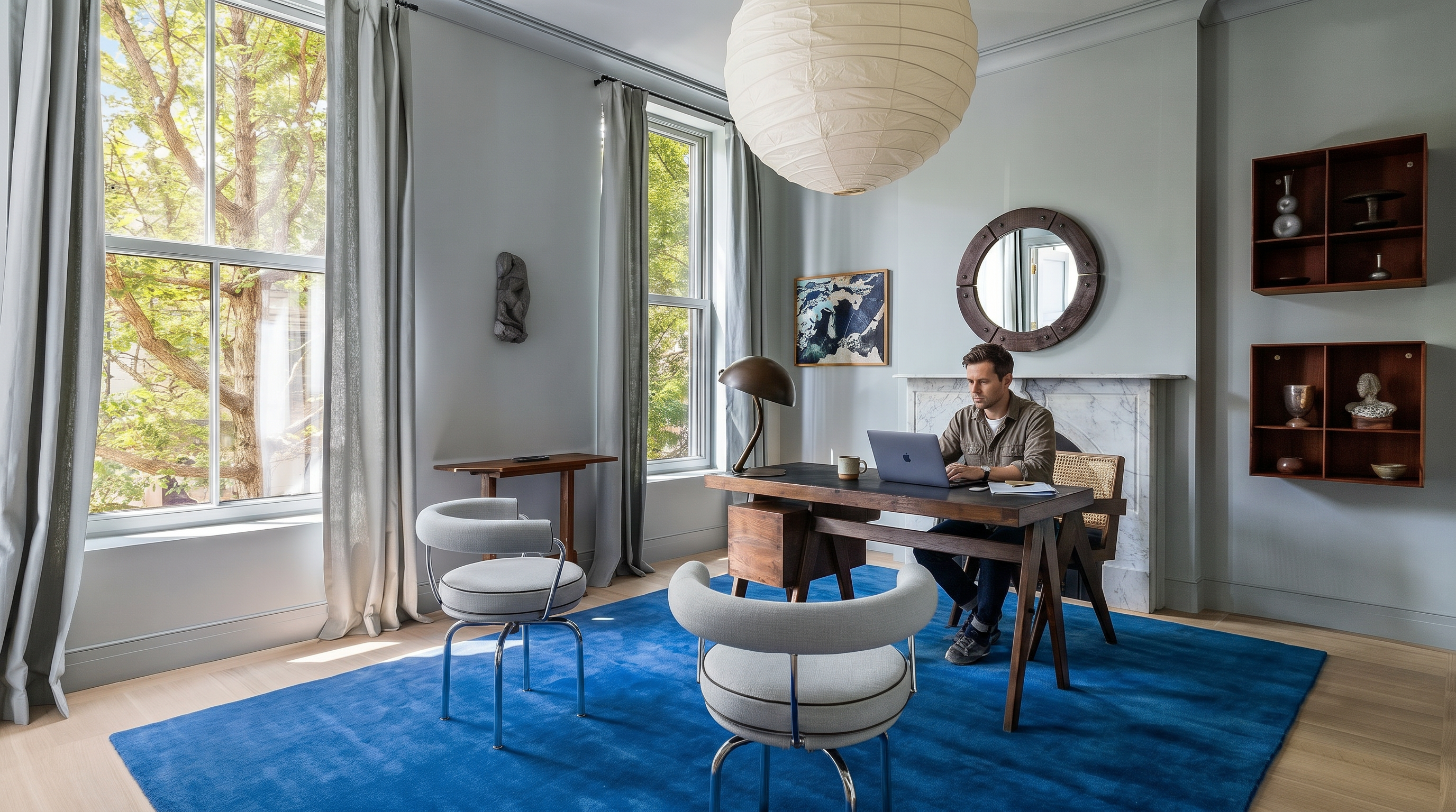 This sophisticated home office features a striking blue area rug that anchors the space, complemented by light gray walls and high ceilings. The room is furnished with a dark wood desk, two modern curved chairs, and a large paper lantern pendant light, creating a blend of contemporary and classic design. A marble fireplace mantel and wall-mounted shelving units add architectural interest, while large windows provide ample natural light and a view of the surrounding trees.