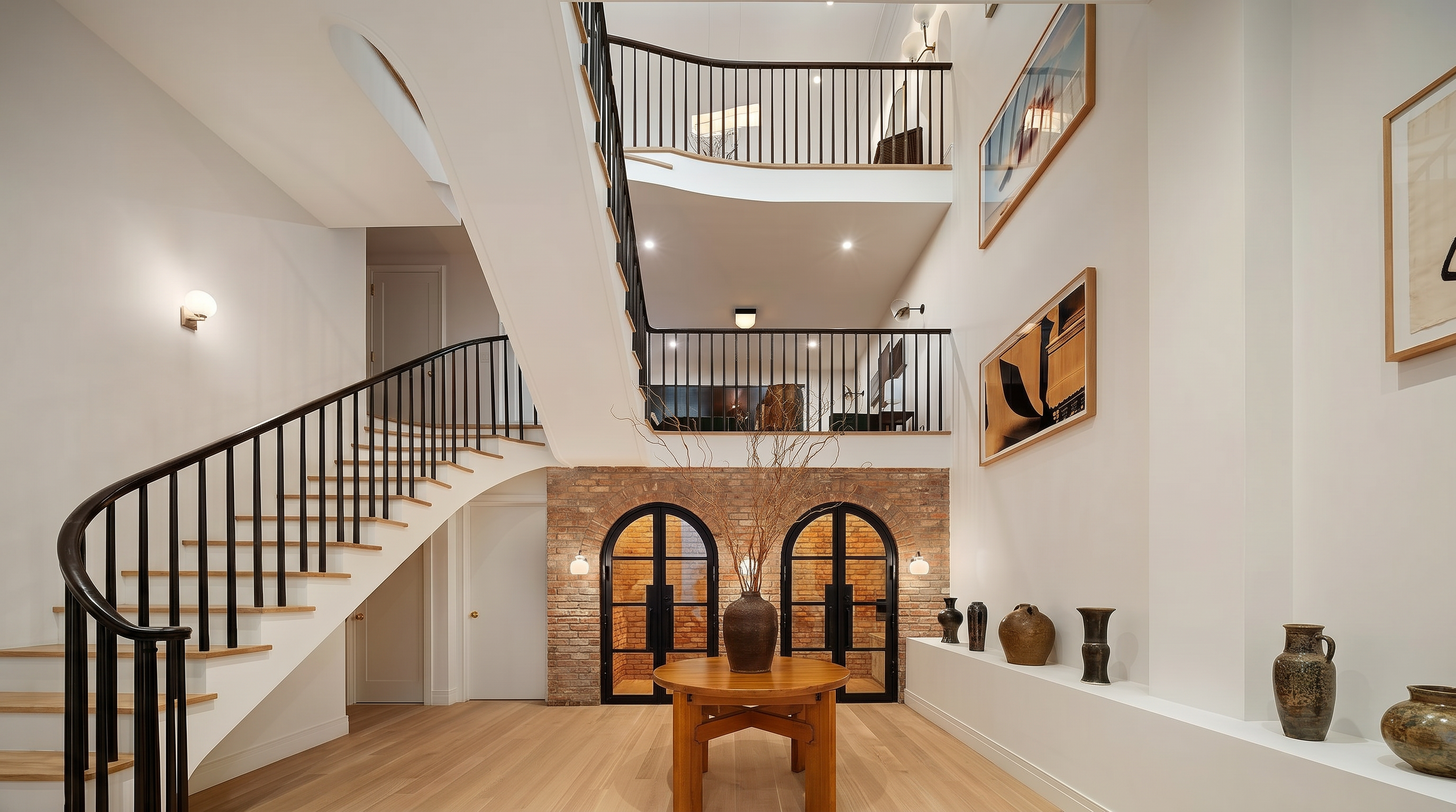 This grand, multi-level foyer features a striking curved staircase with black railings and light wood flooring, creating an elegant and airy atmosphere. The space is anchored by a central wooden table and a rustic brick wall with arched glass doors, while a built-in ledge displays curated pottery. The perspective is a wide, eye-level shot that emphasizes the verticality and architectural depth of the home's open-concept design.