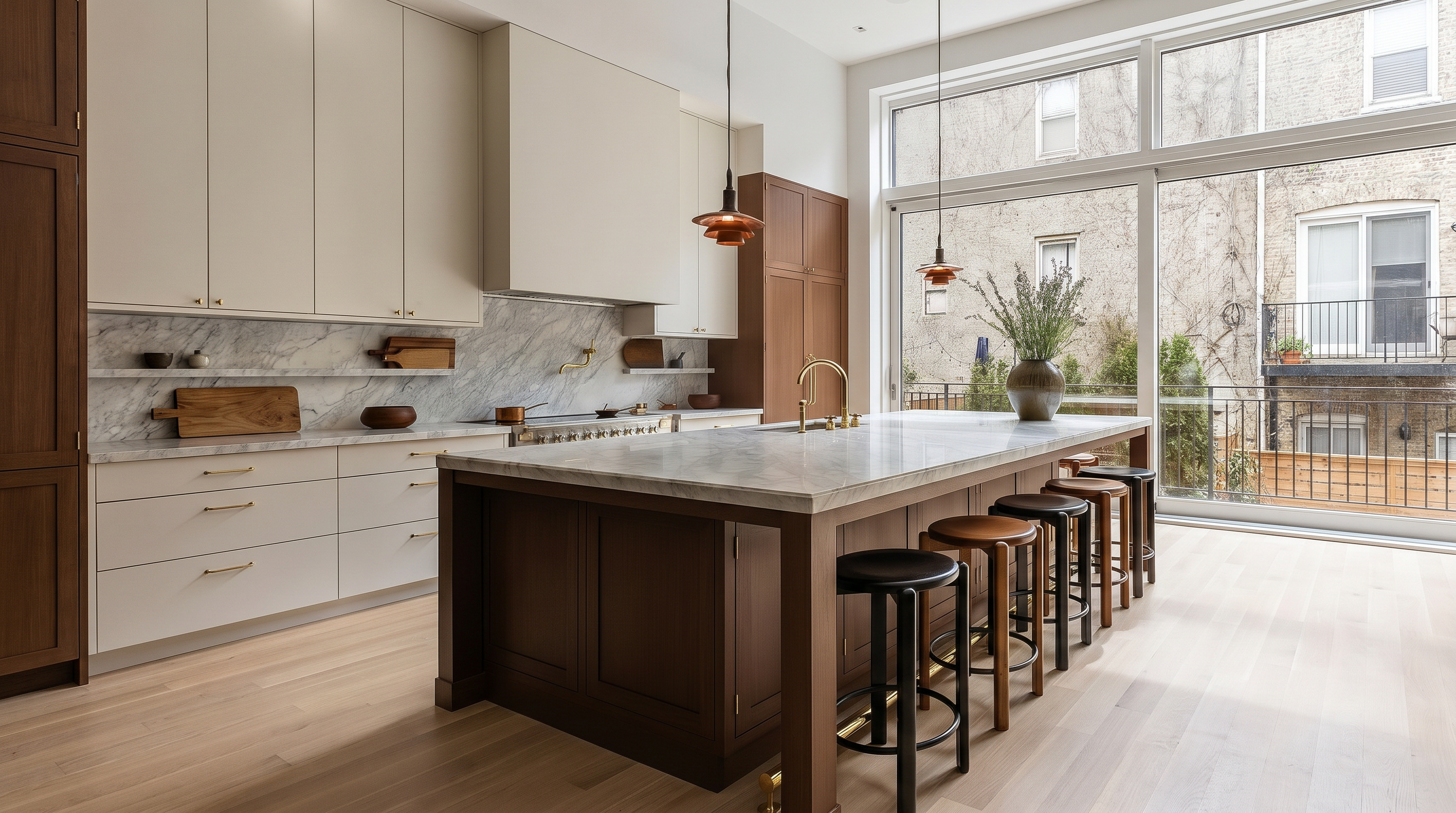 This sophisticated kitchen features a large, dark wood island topped with a luxurious marble countertop, complemented by matching marble backsplashes and light-toned cabinetry. Two elegant copper pendant lights hang above the island, while a large window provides ample natural light and a view of the outdoors. The space is designed with a refined, modern aesthetic that balances warm wood tones with high-end stone finishes.