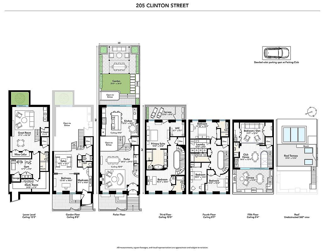 This image is a comprehensive architectural floor plan for a multi-level luxury residence located at 205 Clinton Street. It illustrates the layout of seven distinct levels, ranging from the lower level with a wine cellar and gym to the roof terrace, showcasing a sophisticated urban home design. The detailed schematic provides a clear overview of room dimensions, spatial flow, and outdoor amenities like the garden and various terraces.
