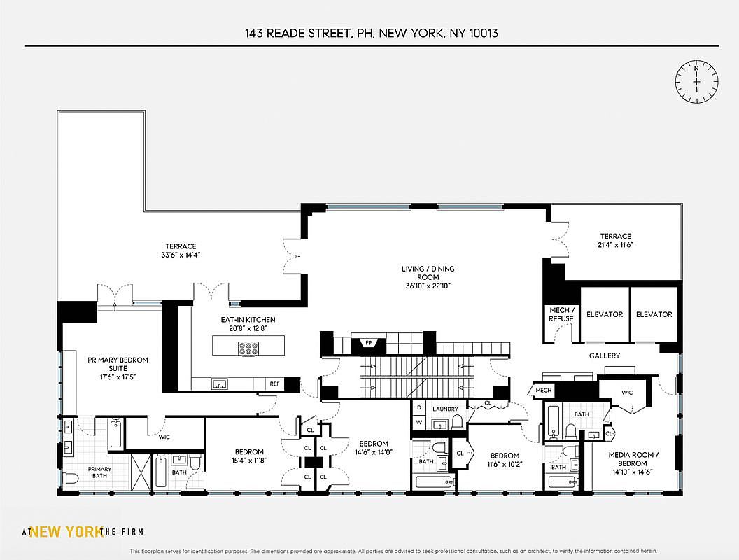 This image is a detailed architectural floor plan for a penthouse residence located at 143 Reade Street in New York City. The layout features a spacious living and dining area, an eat-in kitchen, multiple bedrooms with en-suite bathrooms, and two private terraces. The perspective is a top-down, two-dimensional technical drawing, providing a clear overview of the unit's spatial organization and flow.