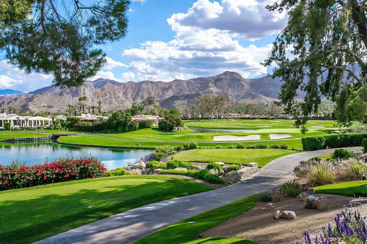 This scenic view captures a lush, manicured golf course set against a backdrop of rugged, arid mountains under a bright, cloud-dappled sky. A winding paved path leads the eye through vibrant green fairways, past a tranquil lake bordered by colorful flowering shrubs, and toward distant residential homes. The perspective is elevated, offering a sweeping, cinematic vista that emphasizes the serene and expansive nature of the community landscape.