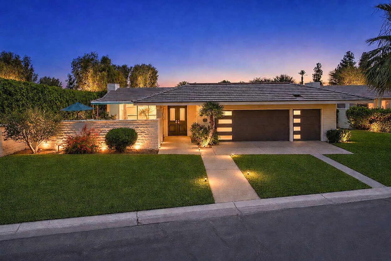 This single-story mid-century modern home features a low-pitched roofline, a two-car garage with horizontal accent windows, and a double-door entryway. The exterior is complemented by a white brick wall, manicured lawn, and warm landscape lighting that highlights the architectural details at dusk. The perspective is a straight-on street view, capturing the inviting curb appeal of the property against a vibrant twilight sky.