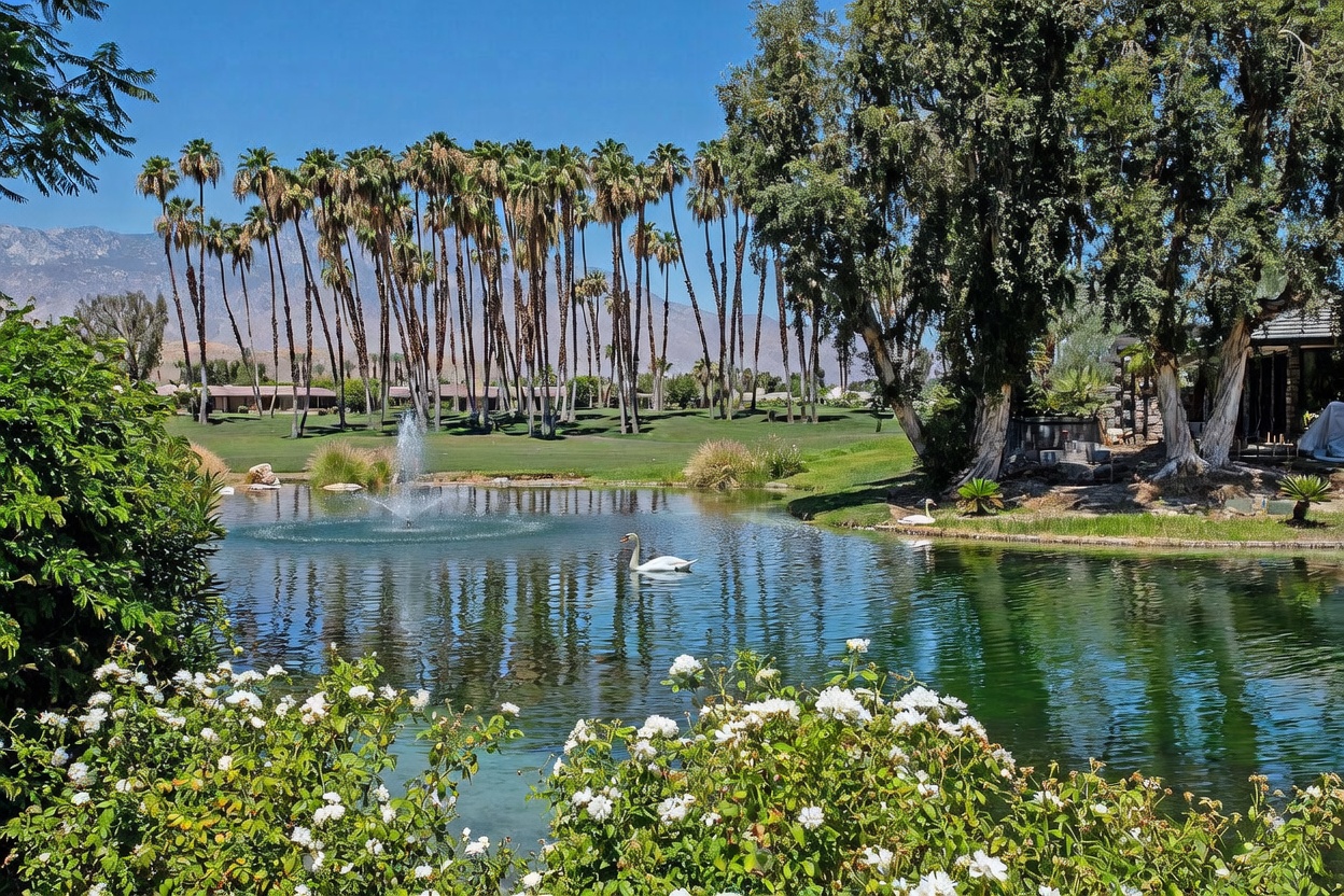 This serene outdoor scene features a tranquil pond with a central fountain and two white swans gliding across the water. The lush landscape is framed by a row of tall, slender palm trees and mature trees, with a mountain range visible in the distant background. In the foreground, a vibrant patch of white roses adds a touch of color to the manicured green lawn, creating a peaceful and picturesque setting.